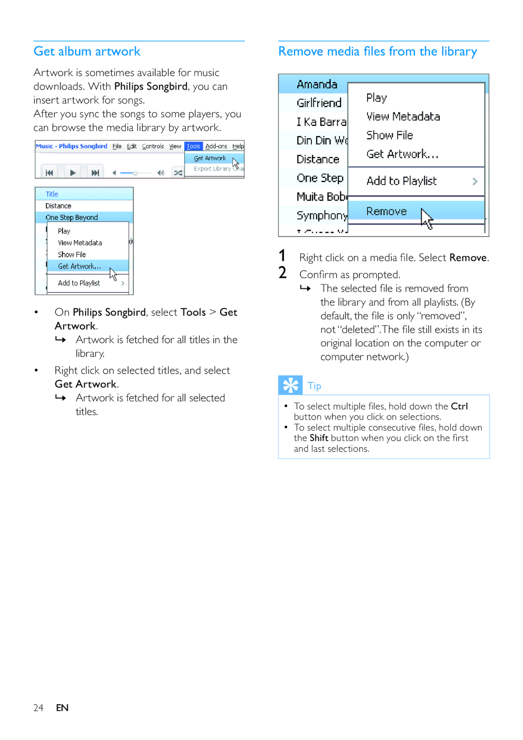 Philips SA3ARA04, SA3ARA32, SA3ARA16, SA3ARA08 user manual Get album artwork, Remove media ﬁles from the library 