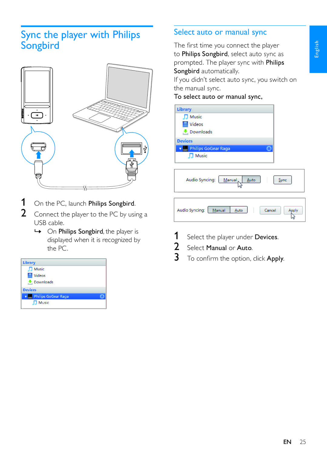 Philips SA3ARA32, SA3ARA04, SA3ARA16, SA3ARA08 user manual Sync the player with Philips Songbird, Select auto or manual sync 