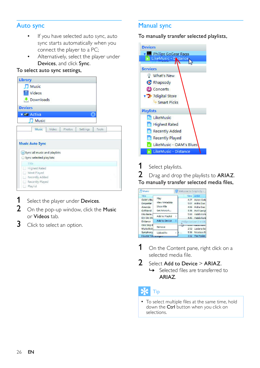 Philips SA3ARA16, SA3ARA04, SA3ARA32 Auto sync, Manual sync, To manually transfer selected playlists Select playlists 