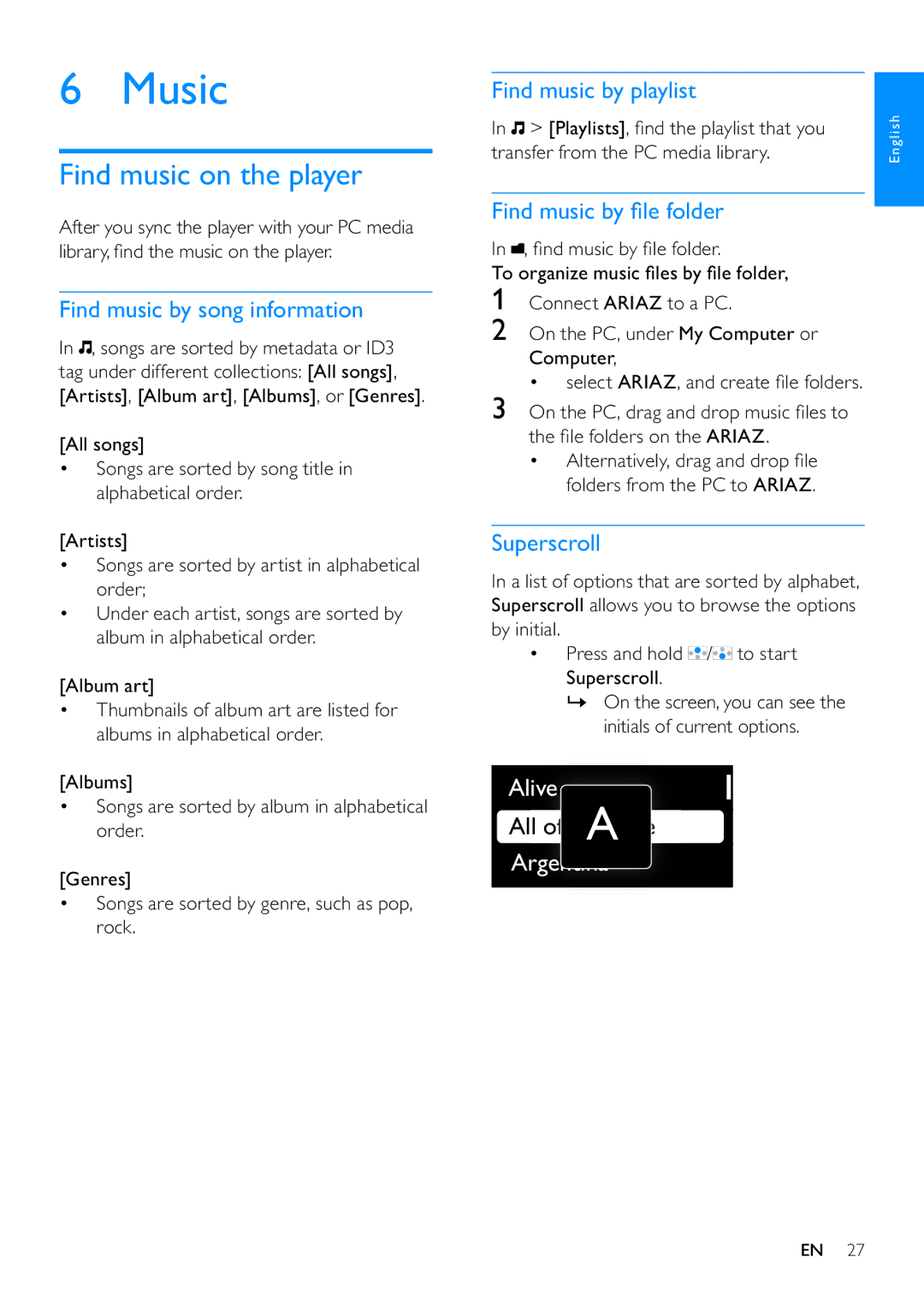 Philips SA3ARA08, SA3ARA04, SA3ARA32, SA3ARA16 user manual Music, Find music on the player 