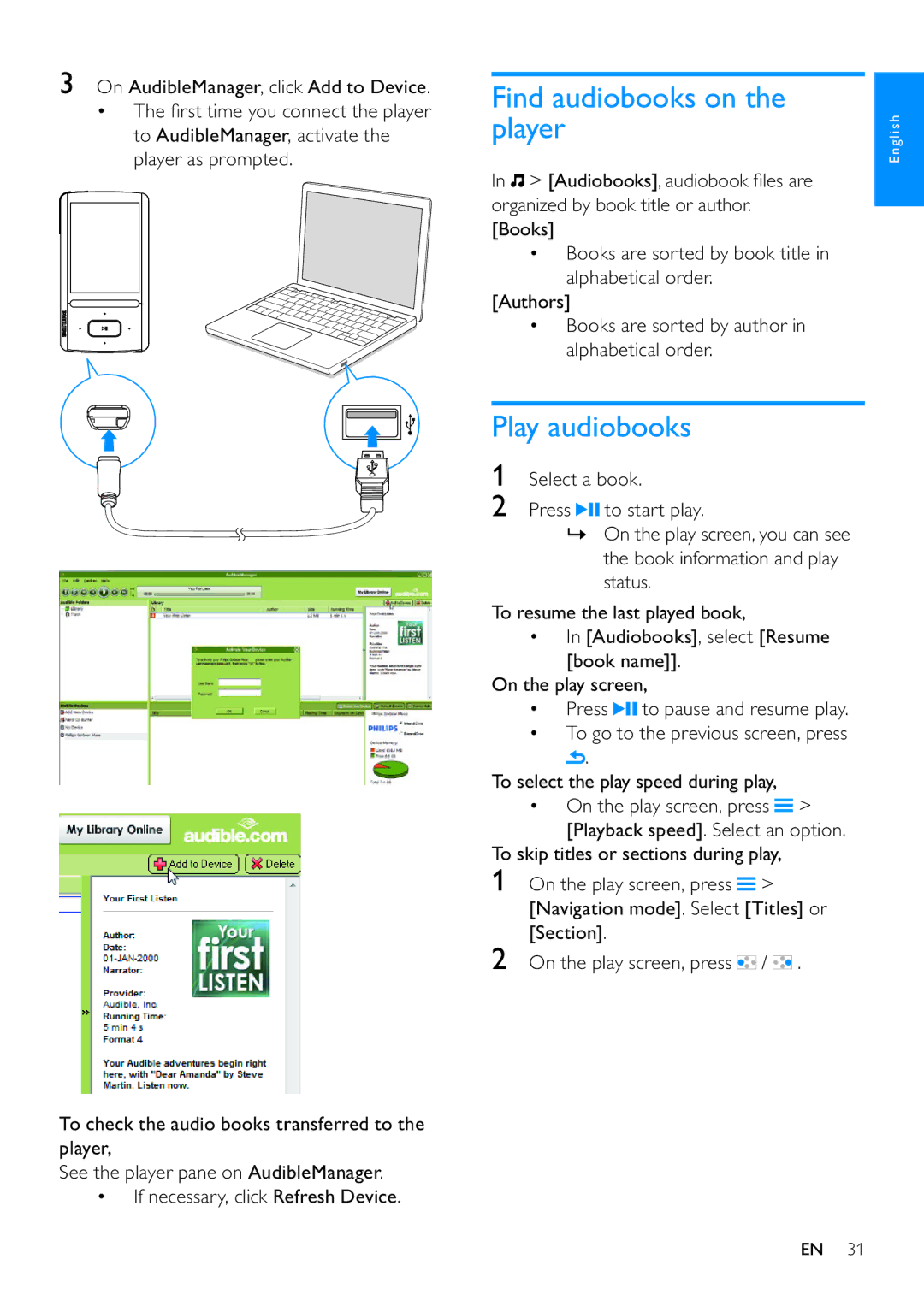 Philips SA3ARA08, SA3ARA04, SA3ARA32, SA3ARA16 user manual Find audiobooks on the player, Play audiobooks 