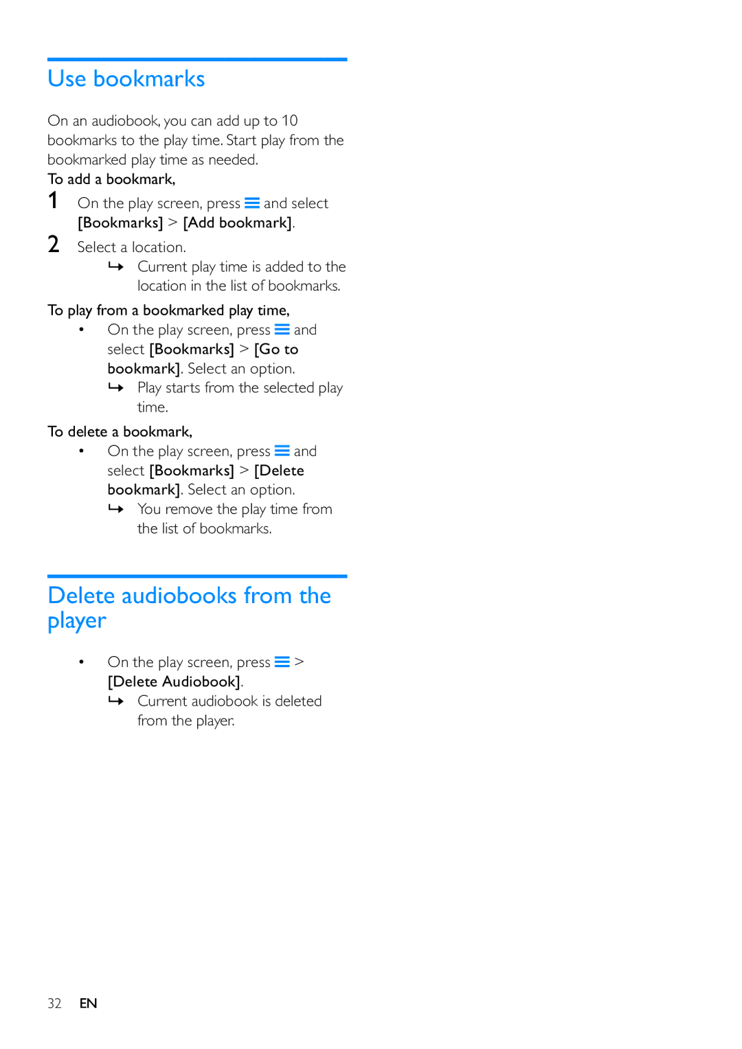 Philips SA3ARA04, SA3ARA32, SA3ARA16, SA3ARA08 user manual Use bookmarks, Delete audiobooks from the player 