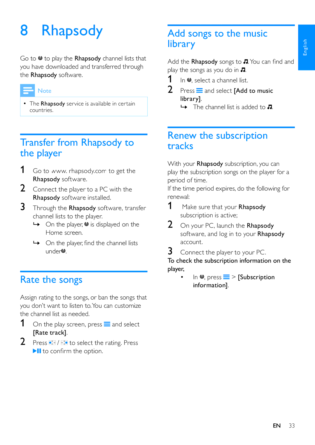 Philips SA3ARA32, SA3ARA04 Add songs to the music library, Transfer from Rhapsody to the player, Rate the songs 