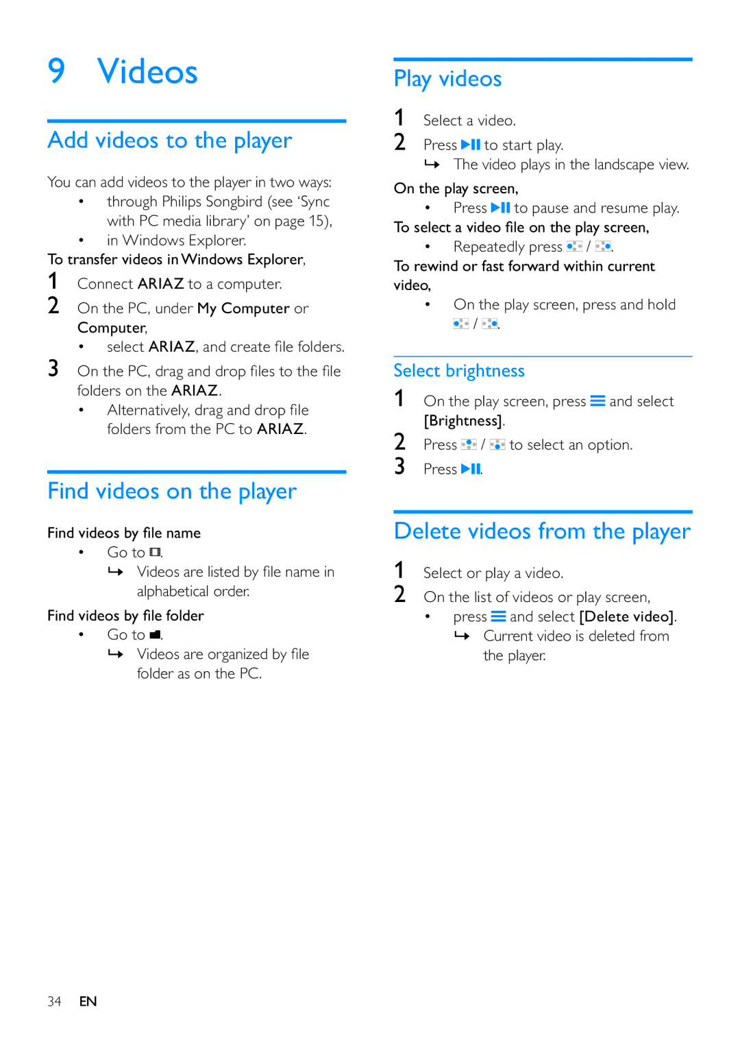 Philips SA3ARA16 Videos, Add videos to the player, Find videos on the player, Play videos, Delete videos from the player 