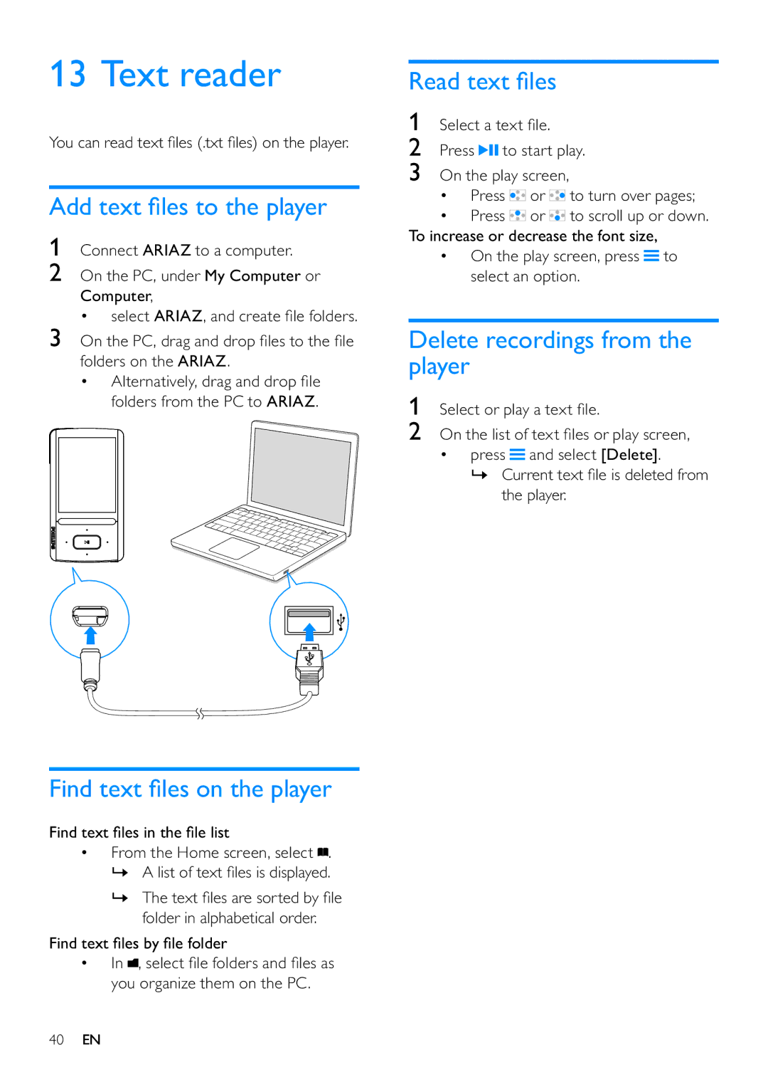 Philips SA3ARA04, SA3ARA32, SA3ARA16 Text reader, Add text ﬁles to the player, Find text ﬁles on the player, Read text ﬁles 