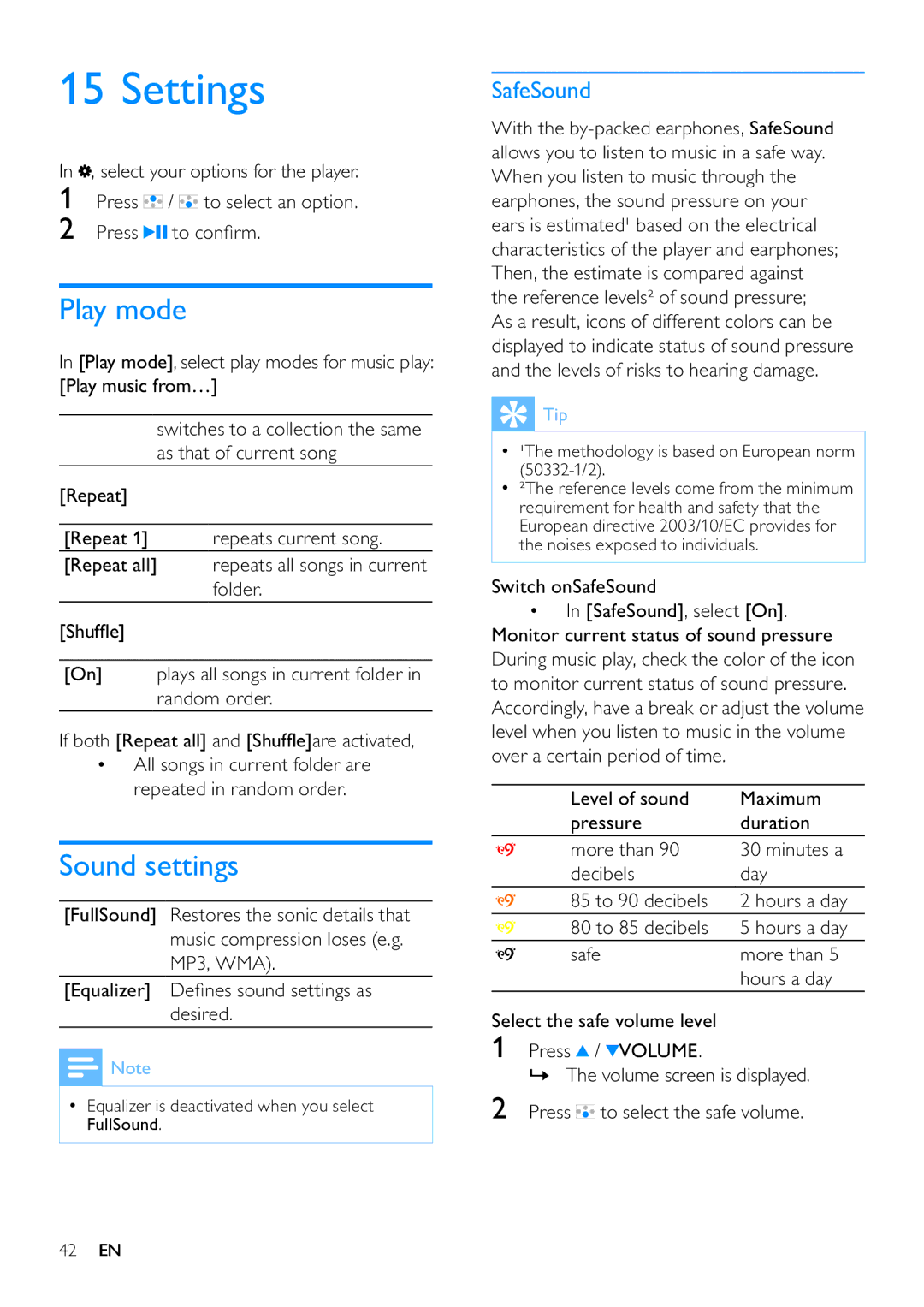 Philips SA3ARA16, SA3ARA04, SA3ARA32, SA3ARA08 user manual Settings, Play mode, Sound settings, Switch onSafeSound 