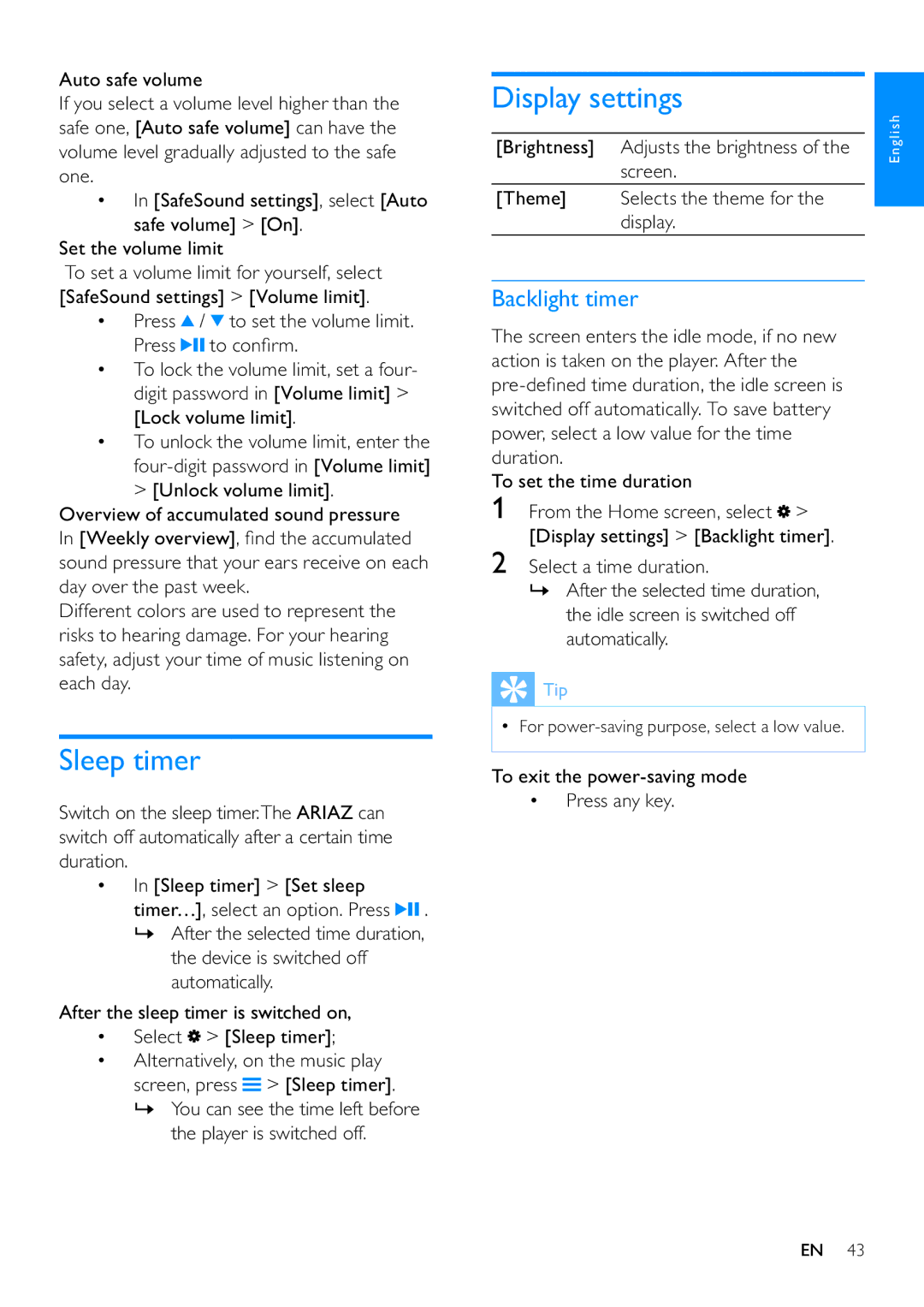 Philips SA3ARA08, SA3ARA04, SA3ARA32, SA3ARA16 user manual Sleep timer, Display settings, Backlight timer 