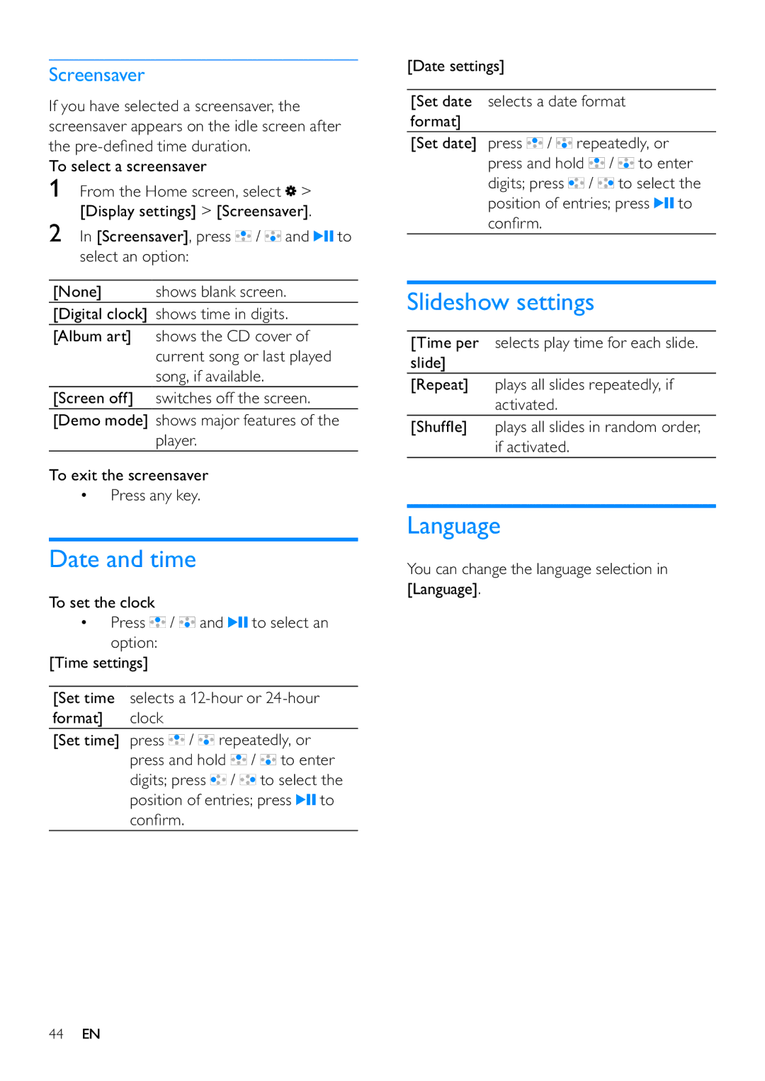 Philips SA3ARA04, SA3ARA32, SA3ARA16, SA3ARA08 user manual Date and time, Slideshow settings, Language, Screensaver 