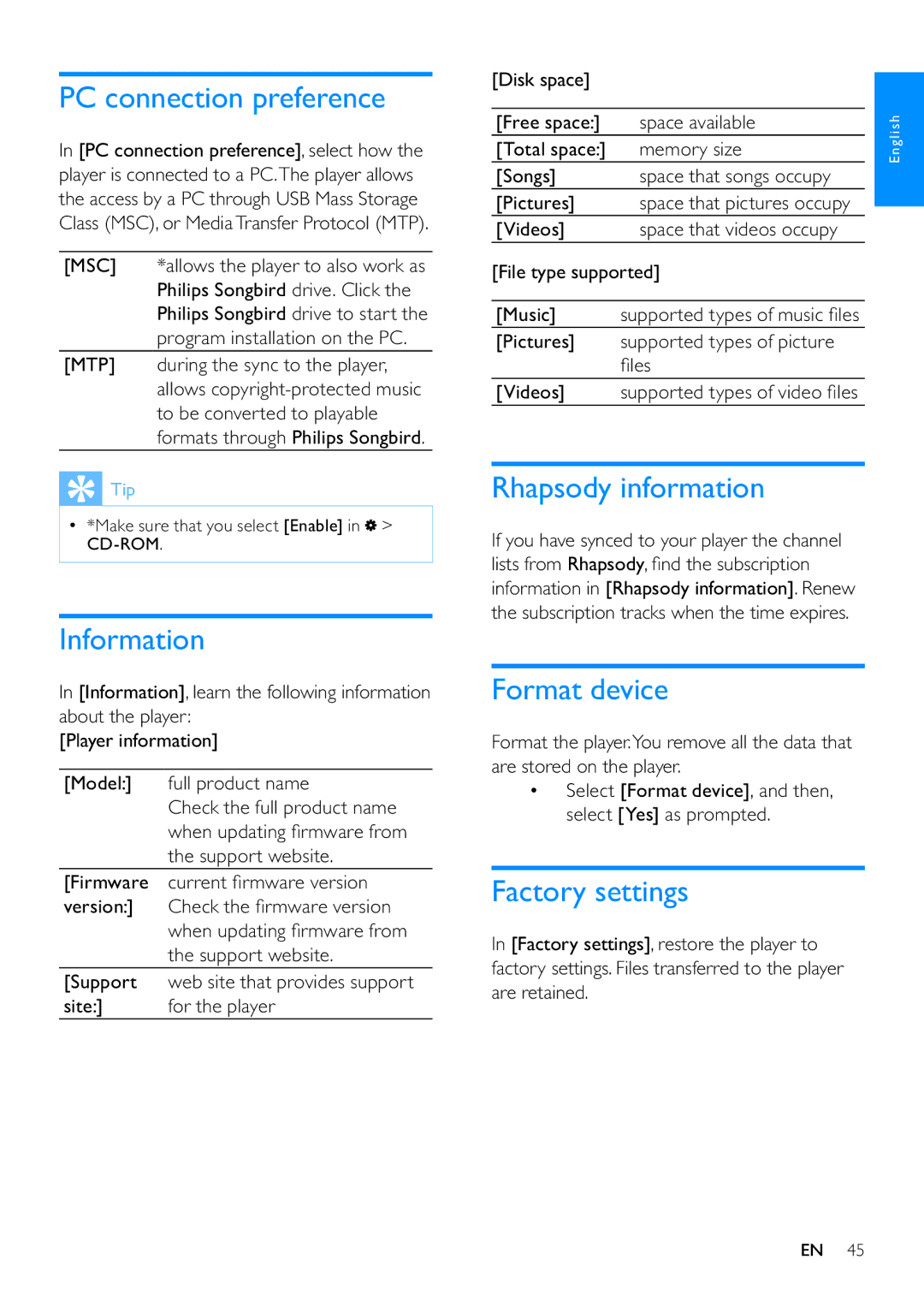 Philips SA3ARA32, SA3ARA04 PC connection preference, Information, Rhapsody information, Format device, Factory settings 