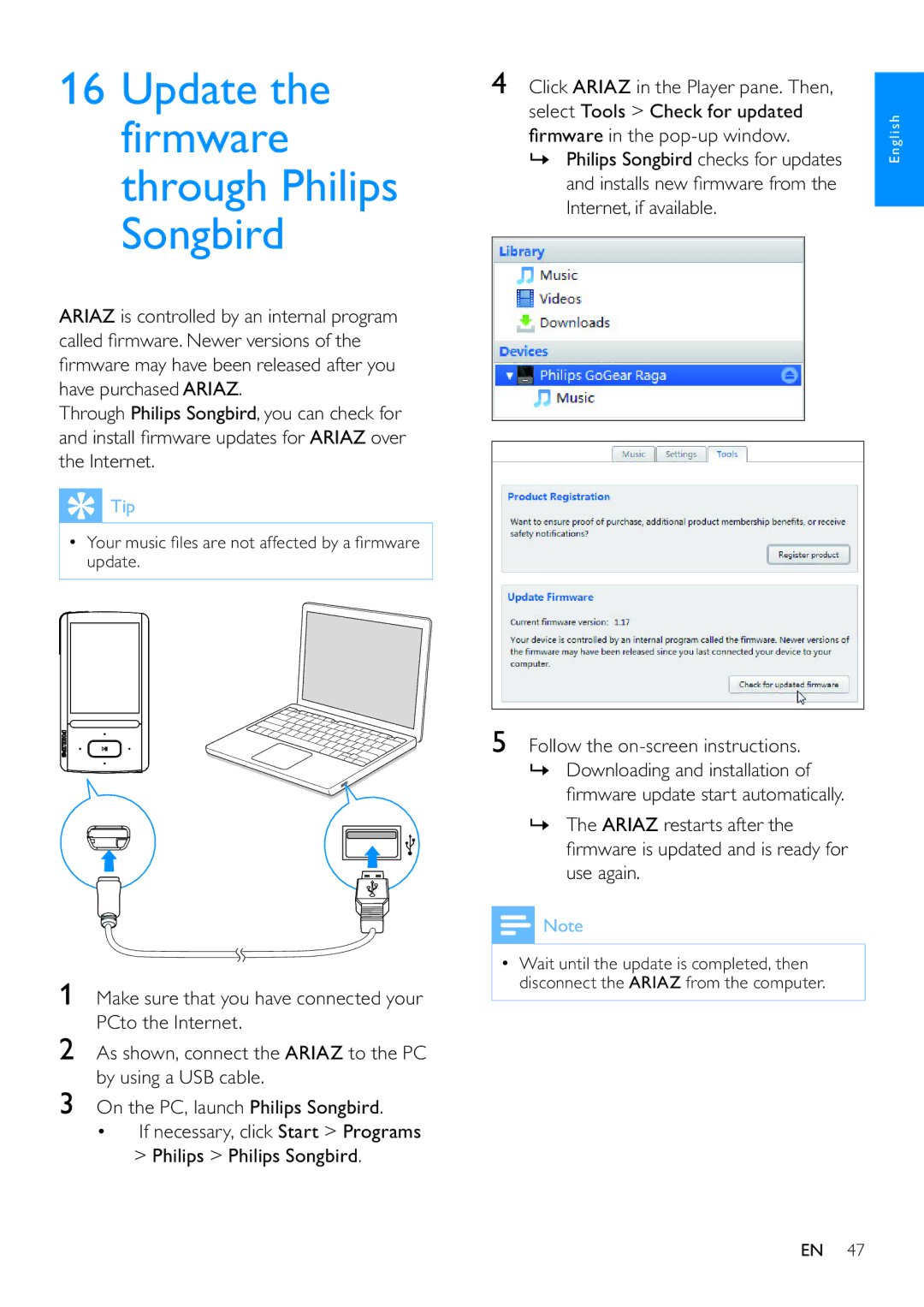 Philips SA3ARA08, SA3ARA04, SA3ARA32 Update the firmware through Philips Songbird, Follow the on-screen instructions 