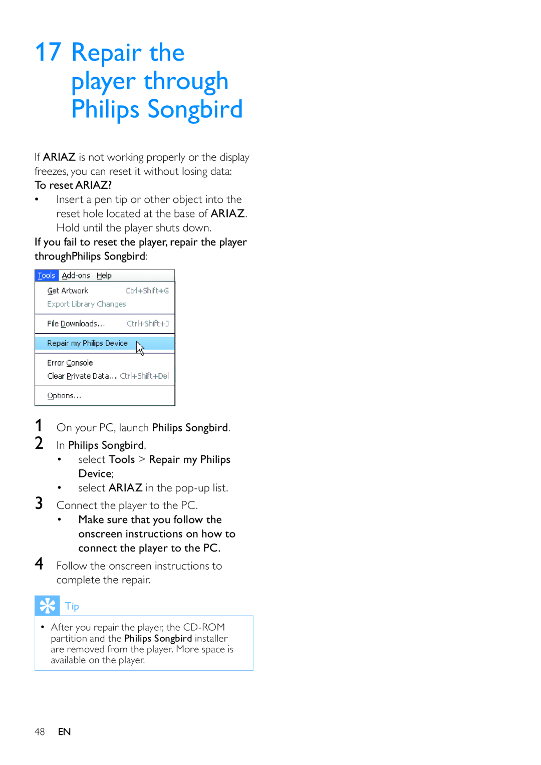 Philips SA3ARA04, SA3ARA32, SA3ARA16, SA3ARA08 user manual Repair the player through Philips Songbird 