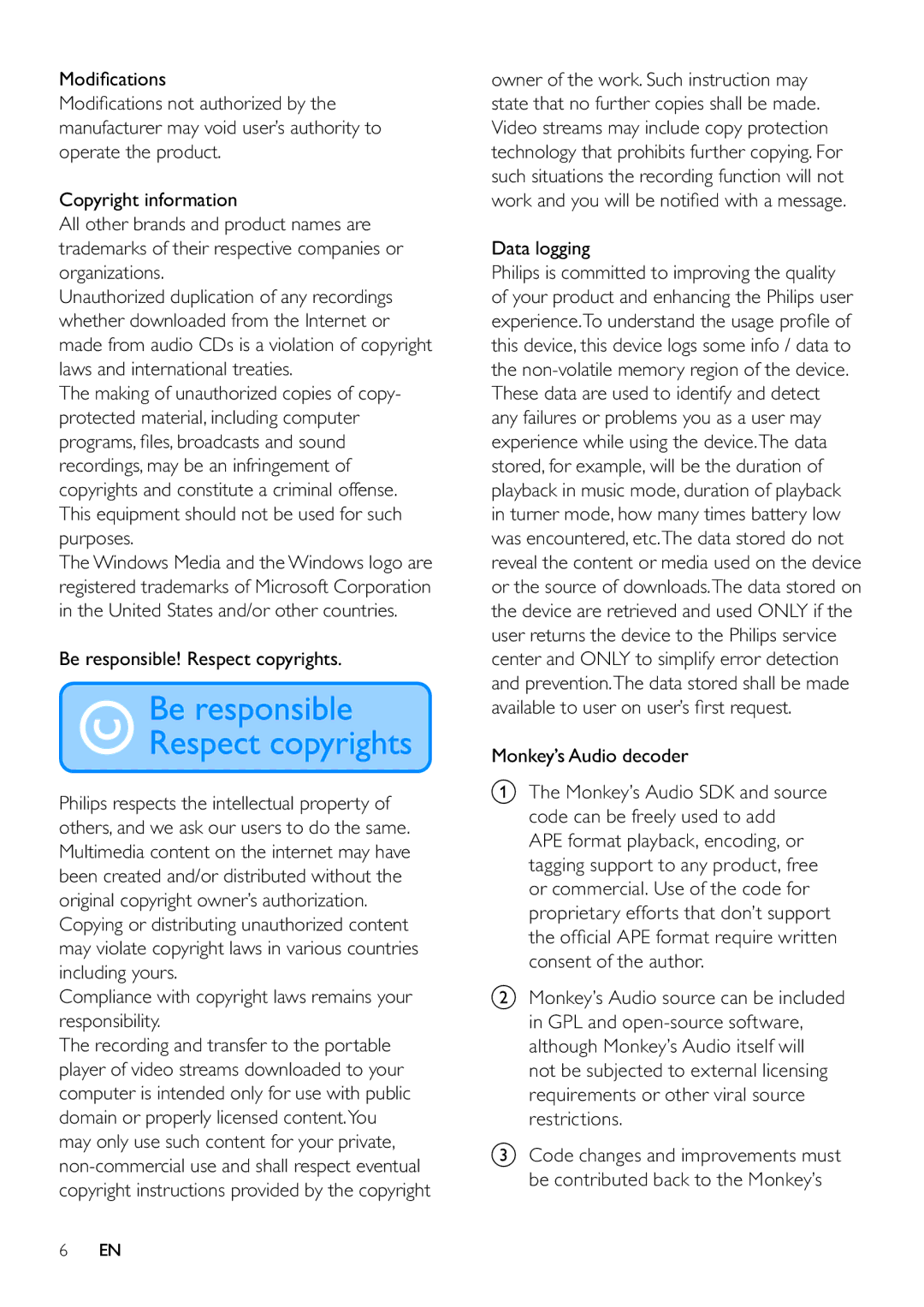 Philips SA3ARA16, SA3ARA04 Be responsible! Respect copyrights, Compliance with copyright laws remains your responsibility 