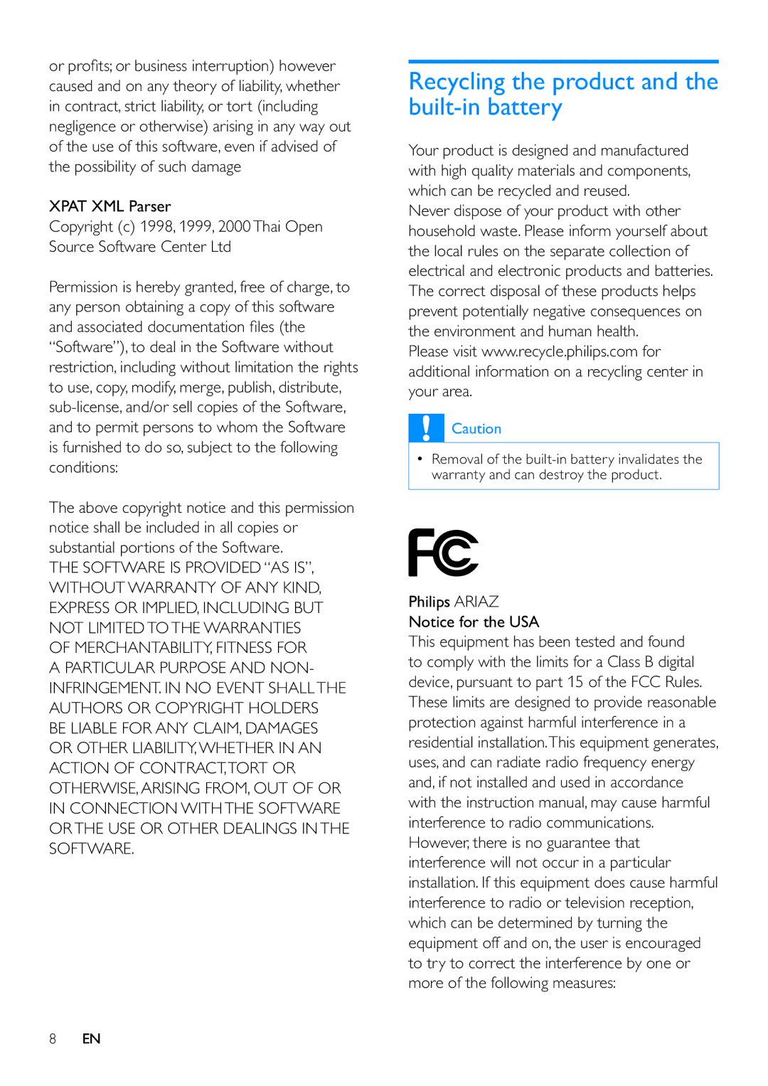 Philips SA3ARA04, SA3ARA32, SA3ARA16 Recycling the product and the built-in battery, Xpat XML Parser, Philips Ariaz 