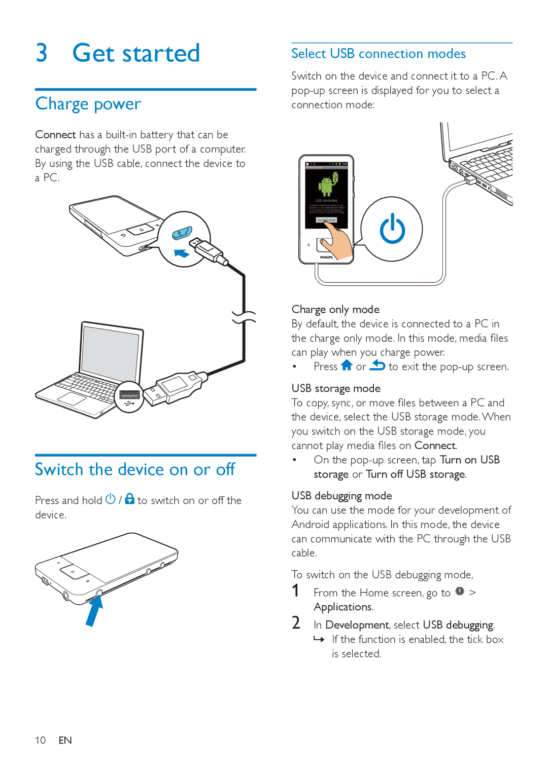 Philips SA3CNT32, SA3CNT08, SA3CNT16 Get started, Charge power, Switch the device on or off, Select USB connection modes 