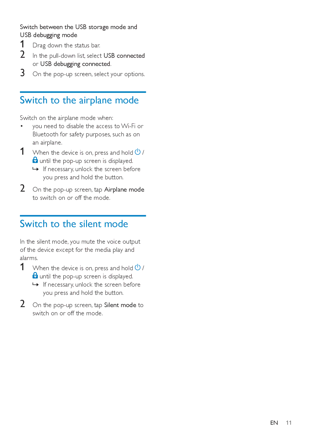 Philips SA3CNT16 Switch to the airplane mode, Switch to the silent mode, On WKH SRSXS VFUHHn Vhohfw \RXU RSWLRnV 