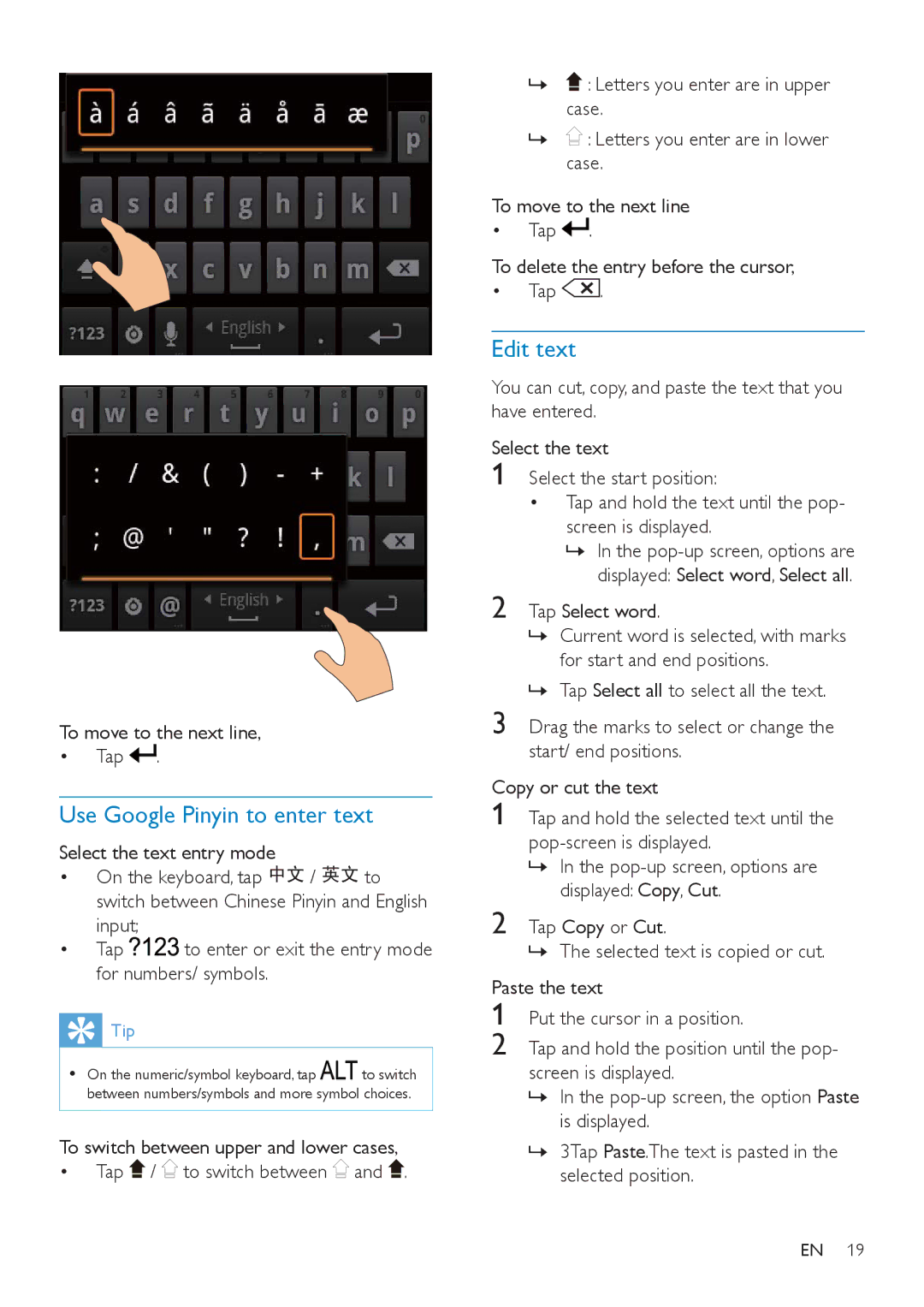 Philips SA3CNT32, SA3CNT08, SA3CNT16 user manual Use Google Pinyin to enter text, Edit text, Lv Glvsod\Hg 