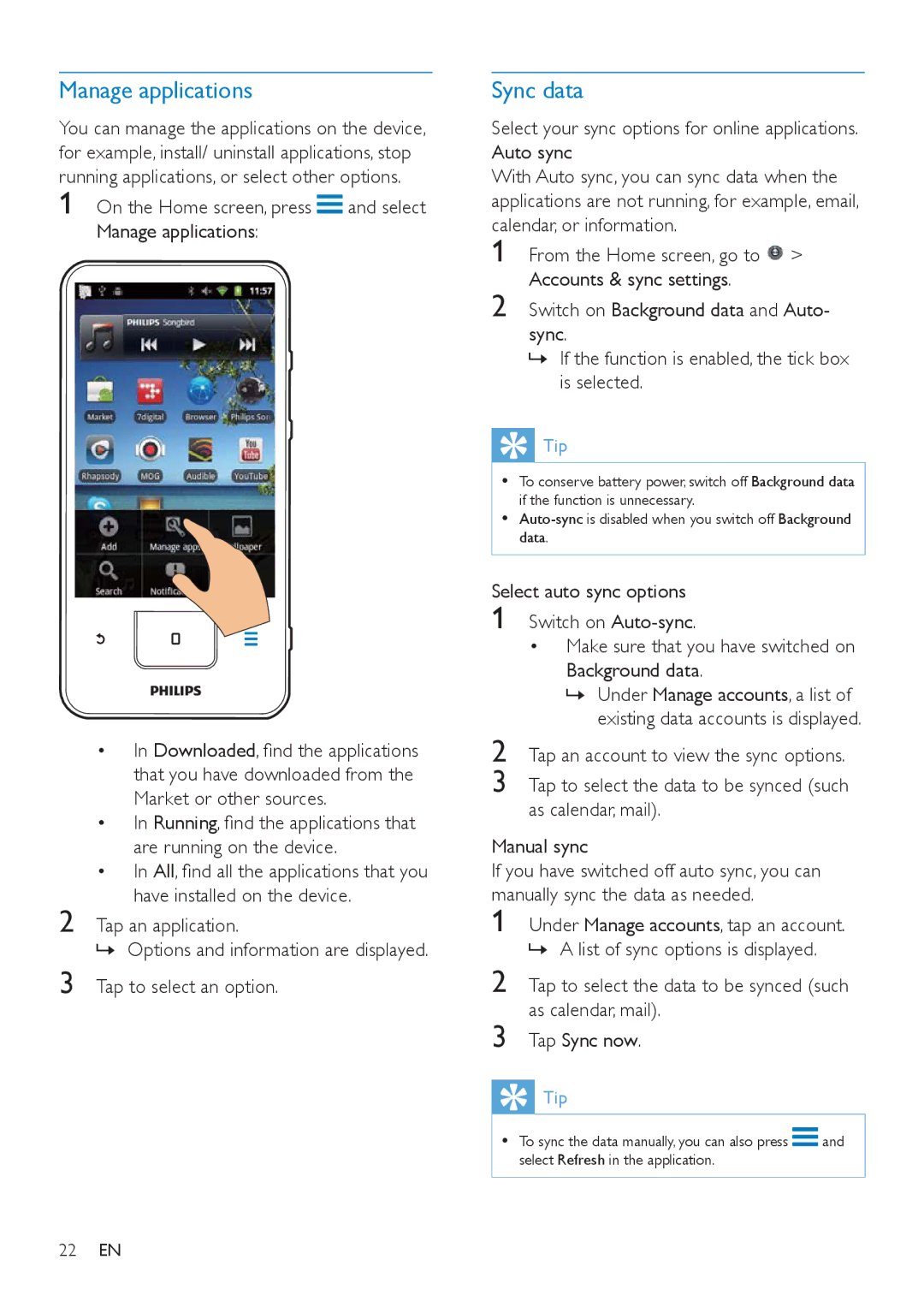 Philips SA3CNT32, SA3CNT08, SA3CNT16 user manual Manage applications, Sync data 