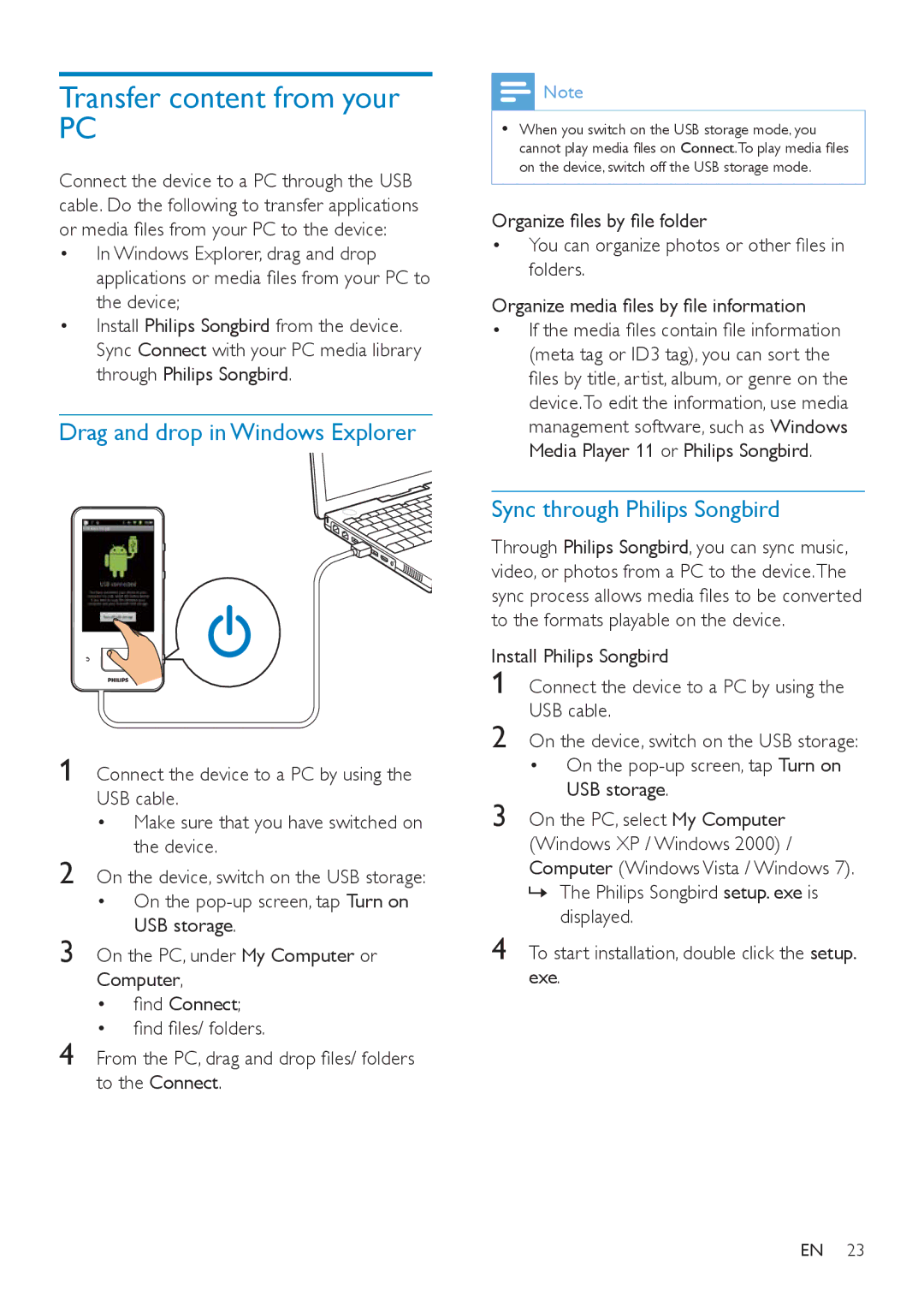 Philips SA3CNT16 Transfer content from your, Drag and drop in Windows Explorer, Sync through Philips Songbird, Iroghuv 