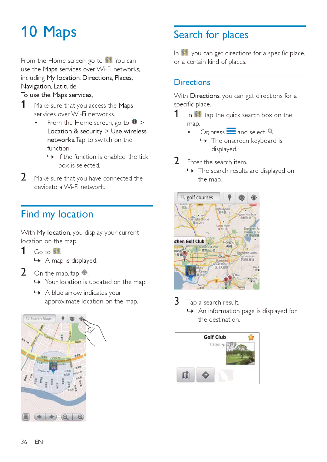 Philips SA3CNT08, SA3CNT32, SA3CNT16 user manual Maps, Search for places, Find my location, Directions 