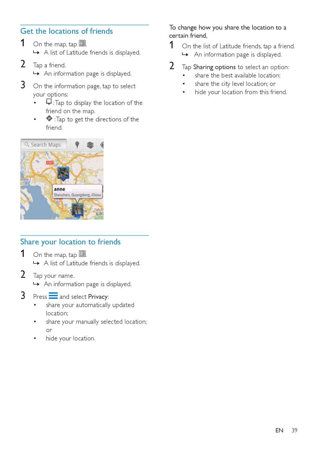 Philips SA3CNT08, SA3CNT32 Get the locations of friends, Share your location to friends, TDS D IULenG, TDS \RXU nDPe 