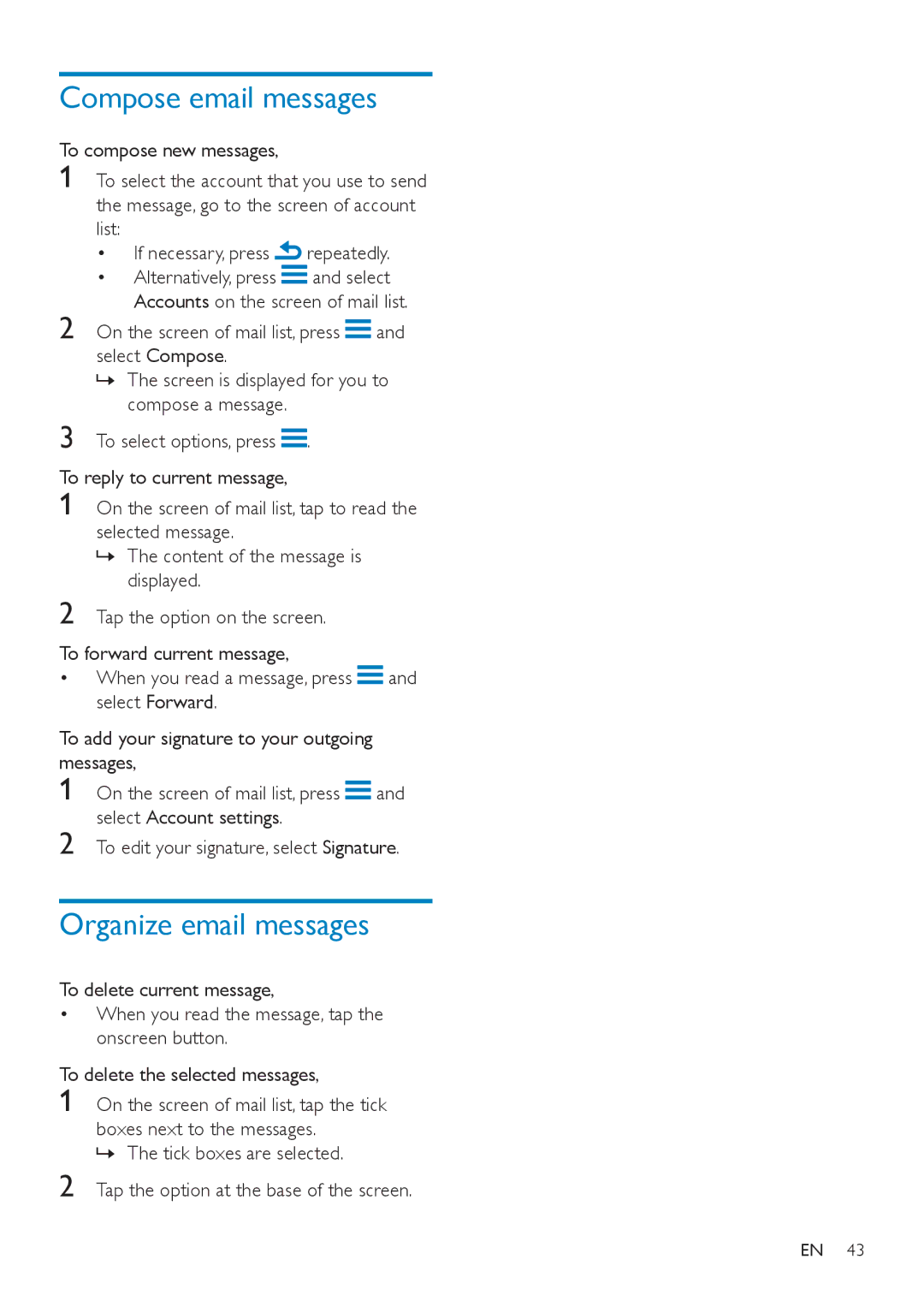 Philips SA3CNT32, SA3CNT08, SA3CNT16 user manual Compose email messages, Organize email messages 