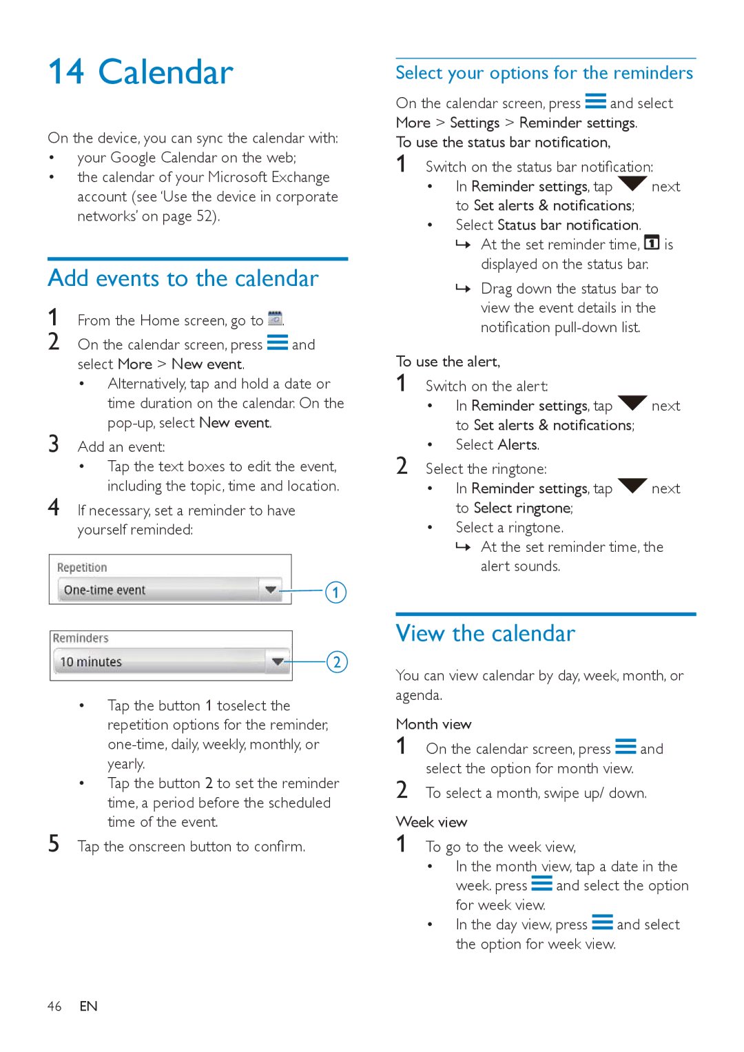 Philips SA3CNT32, SA3CNT08 Calendar, Add events to the calendar, View the calendar, Select your options for the reminders 