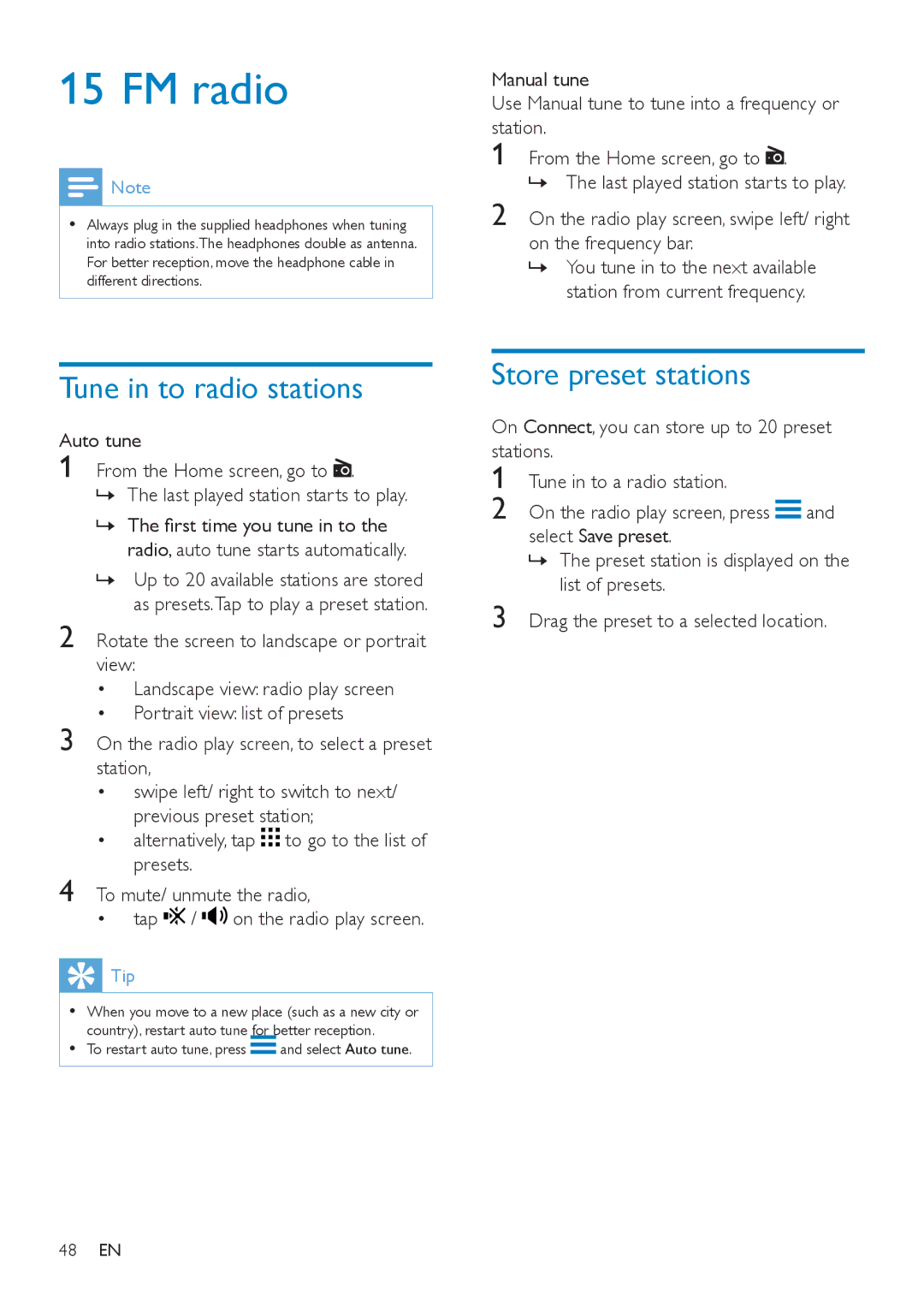 Philips SA3CNT08, SA3CNT32, SA3CNT16 user manual FM radio, Tune in to radio stations, Store preset stations 