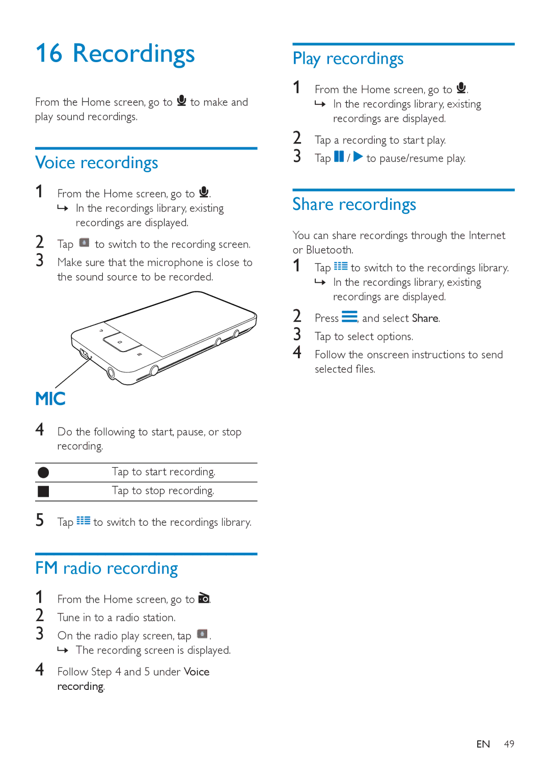 Philips SA3CNT32, SA3CNT08, SA3CNT16 Recordings, Voice recordings, FM radio recording, Play recordings, Share recordings 