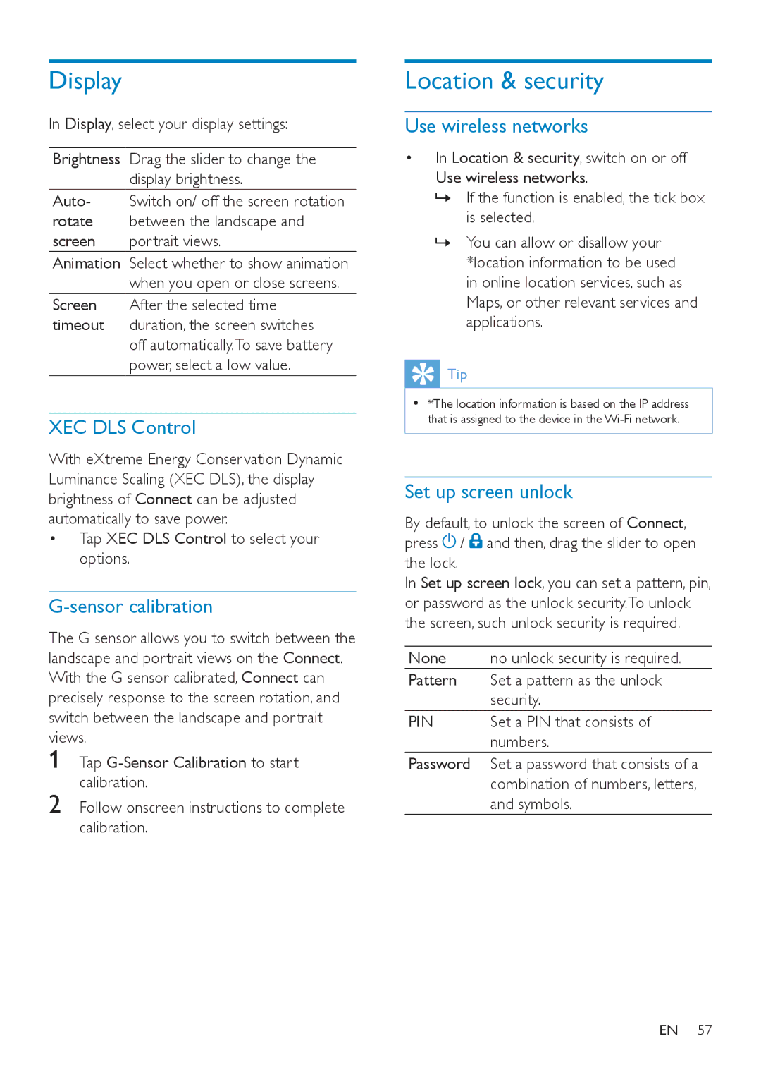 Philips SA3CNT08, SA3CNT32, SA3CNT16 user manual Display, Location & security 