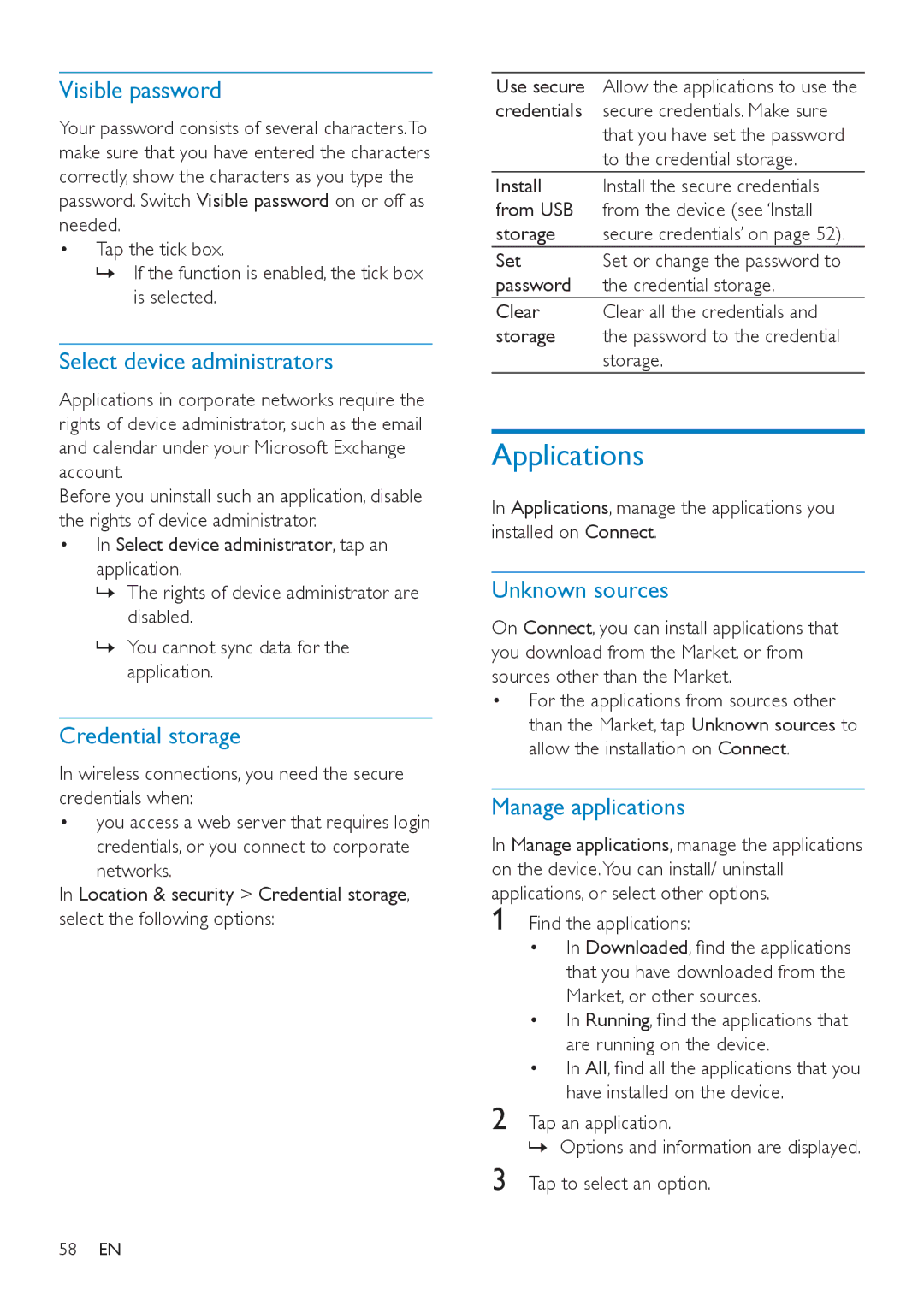 Philips SA3CNT32 Applications, Visible password, Select device administrators, Credential storage, Unknown sources 