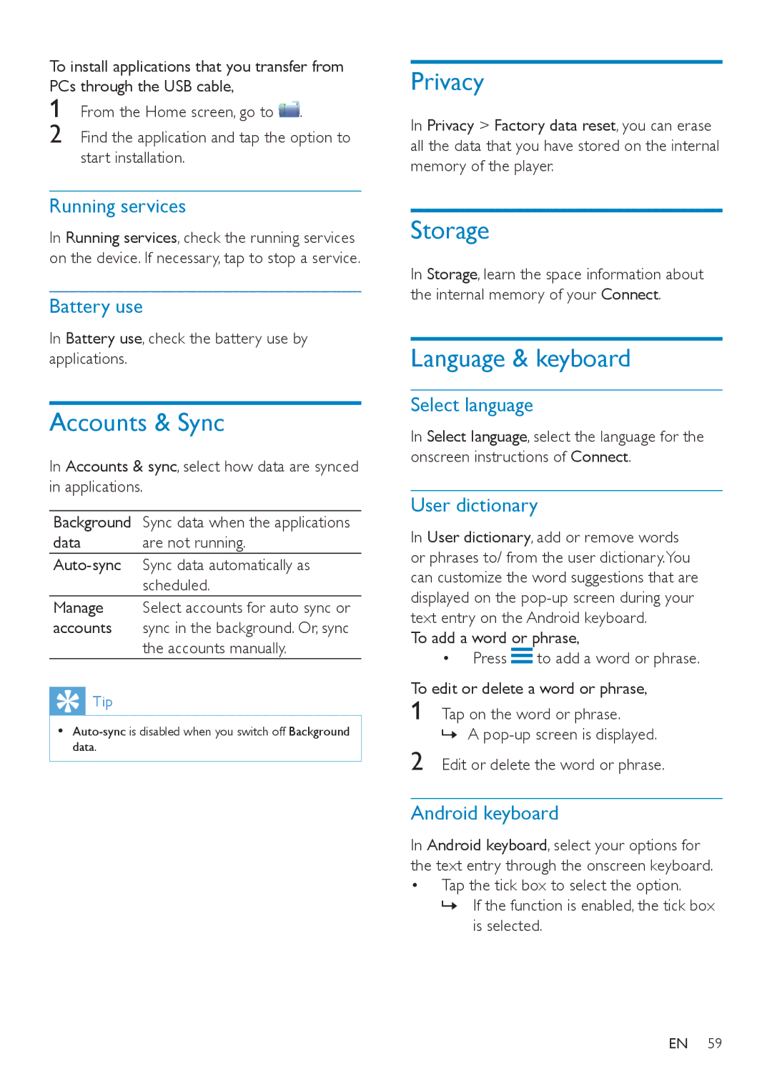 Philips SA3CNT16, SA3CNT08, SA3CNT32 user manual Accounts & Sync, Privacy, Storage, Language & keyboard 