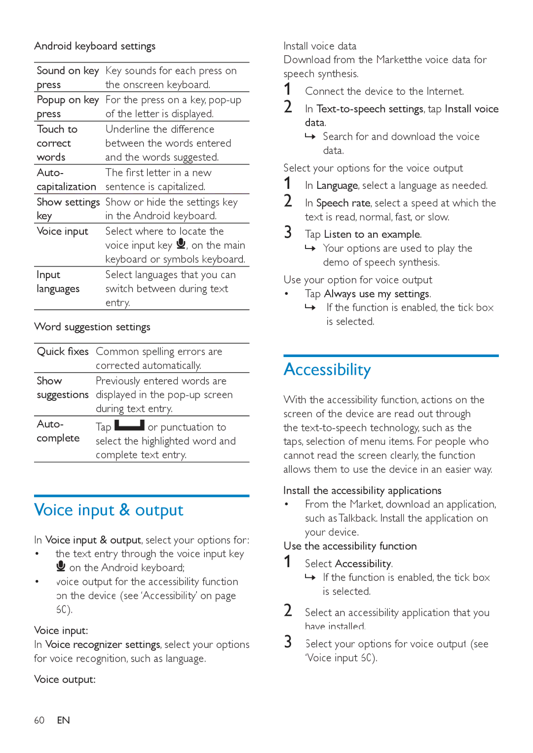 Philips SA3CNT08, SA3CNT32, SA3CNT16 user manual Voice input & output, Accessibility 