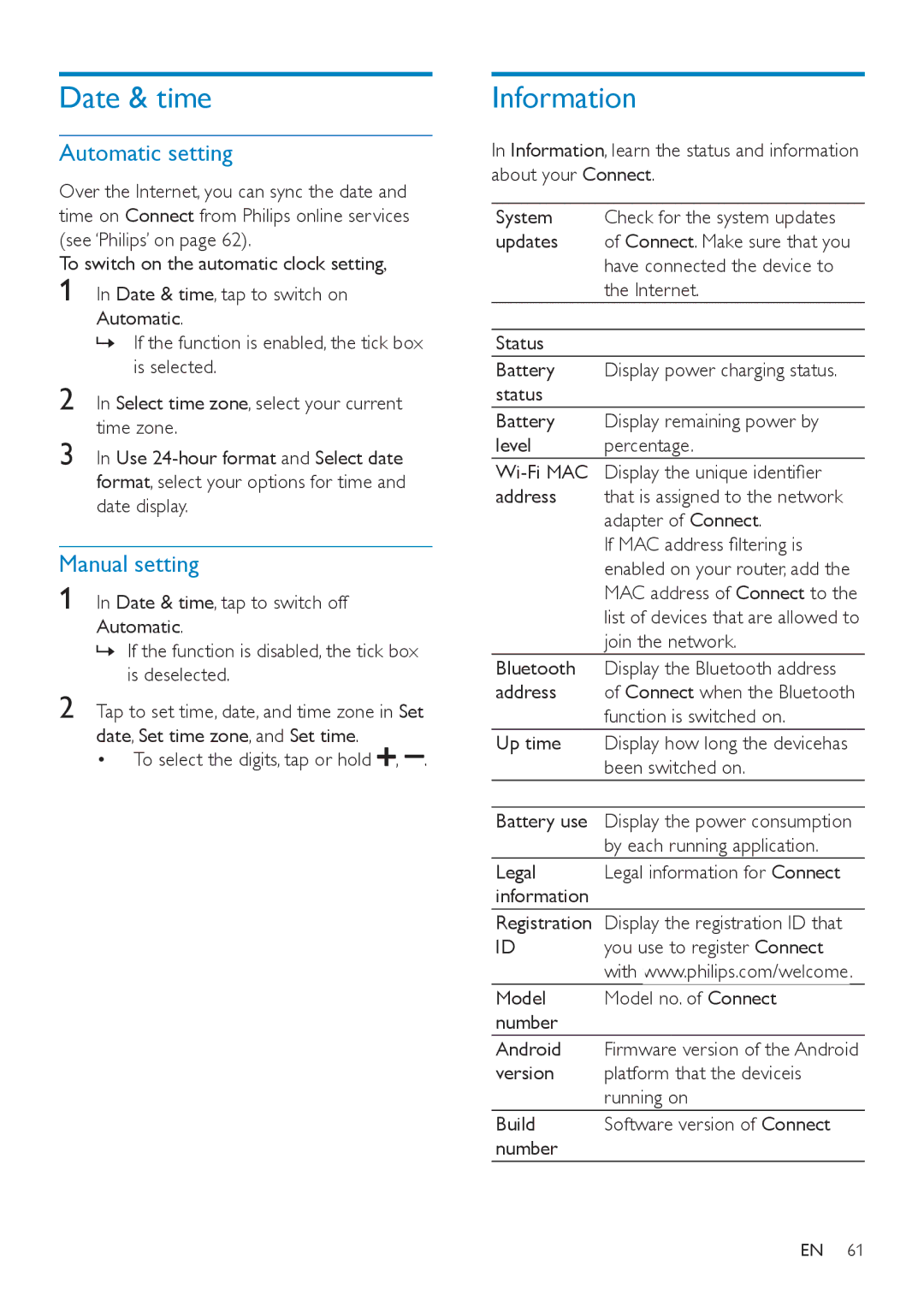 Philips SA3CNT32, SA3CNT08, SA3CNT16 user manual Date & time, Information, Automatic setting, Manual setting 