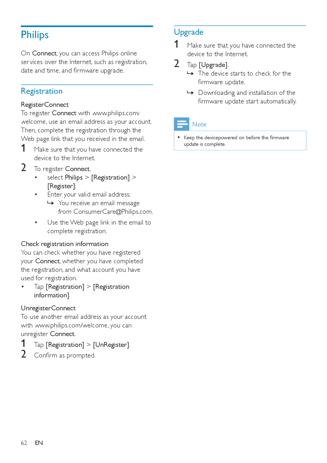 Philips SA3CNT16, SA3CNT08, SA3CNT32 user manual Philips, Registration, Upgrade 