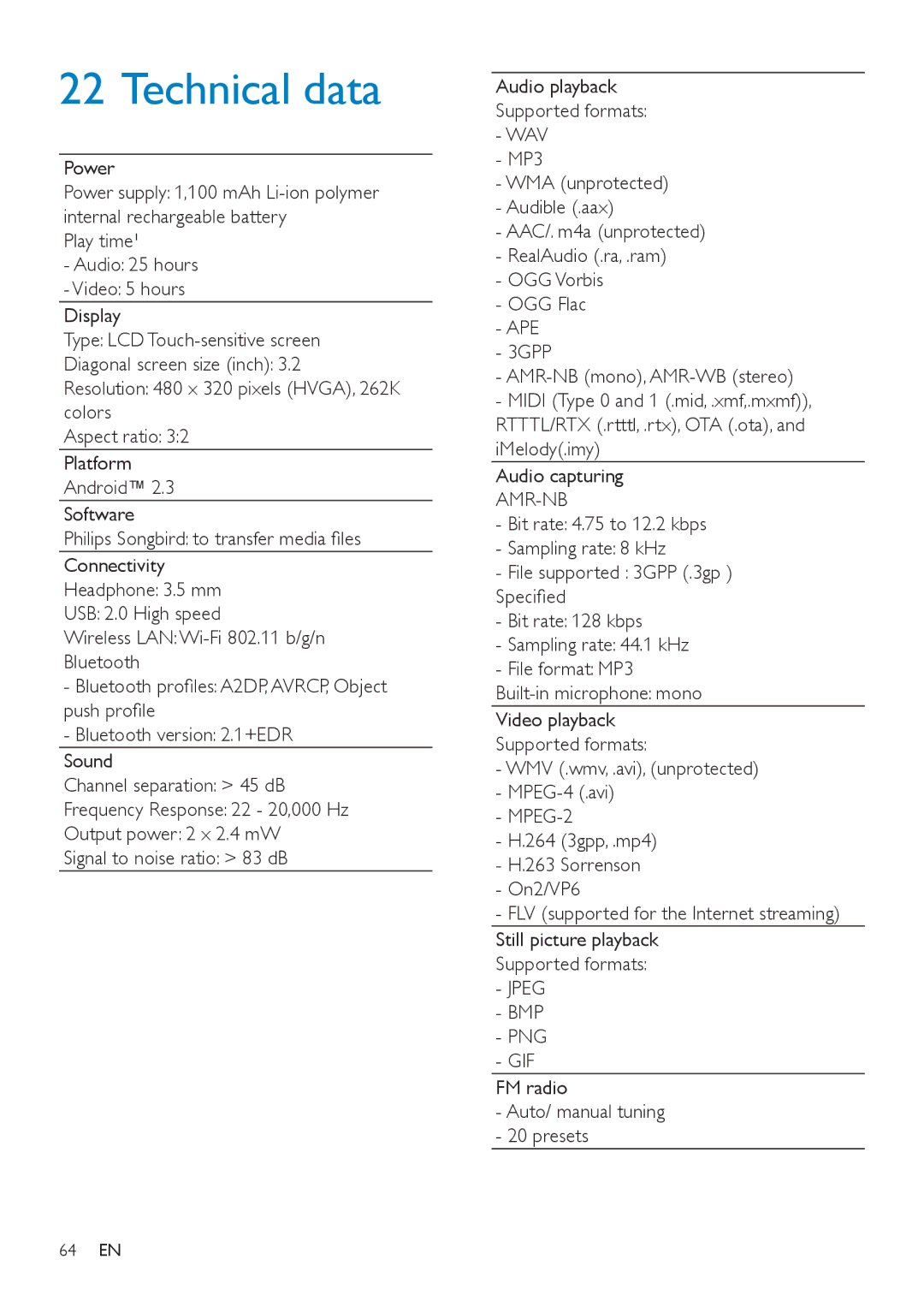 Philips SA3CNT32, SA3CNT08, SA3CNT16 user manual Technical data, Froruv 