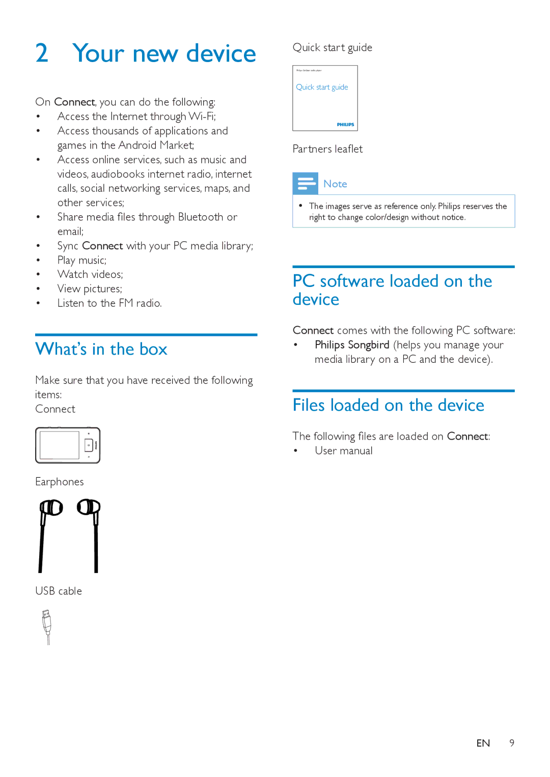 Philips SA3CNT08 Your new device, What’s in the box, PC software loaded on the device, Files loaded on the device 