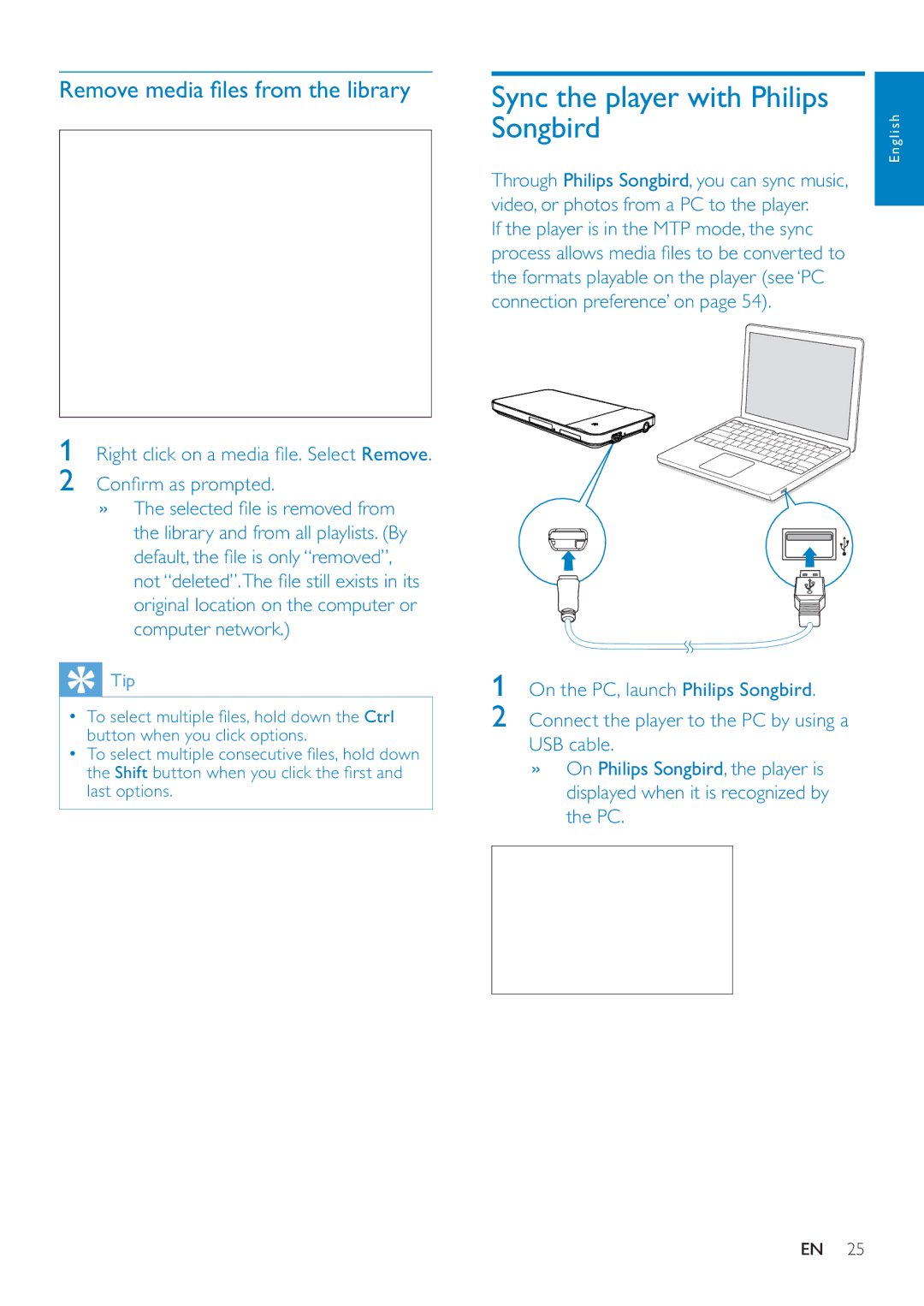 Philips SA3MUS32, SA3MUS16, SA3MUS08 user manual Sync the player with Philips Songbird, Remove media ﬁles from the library 