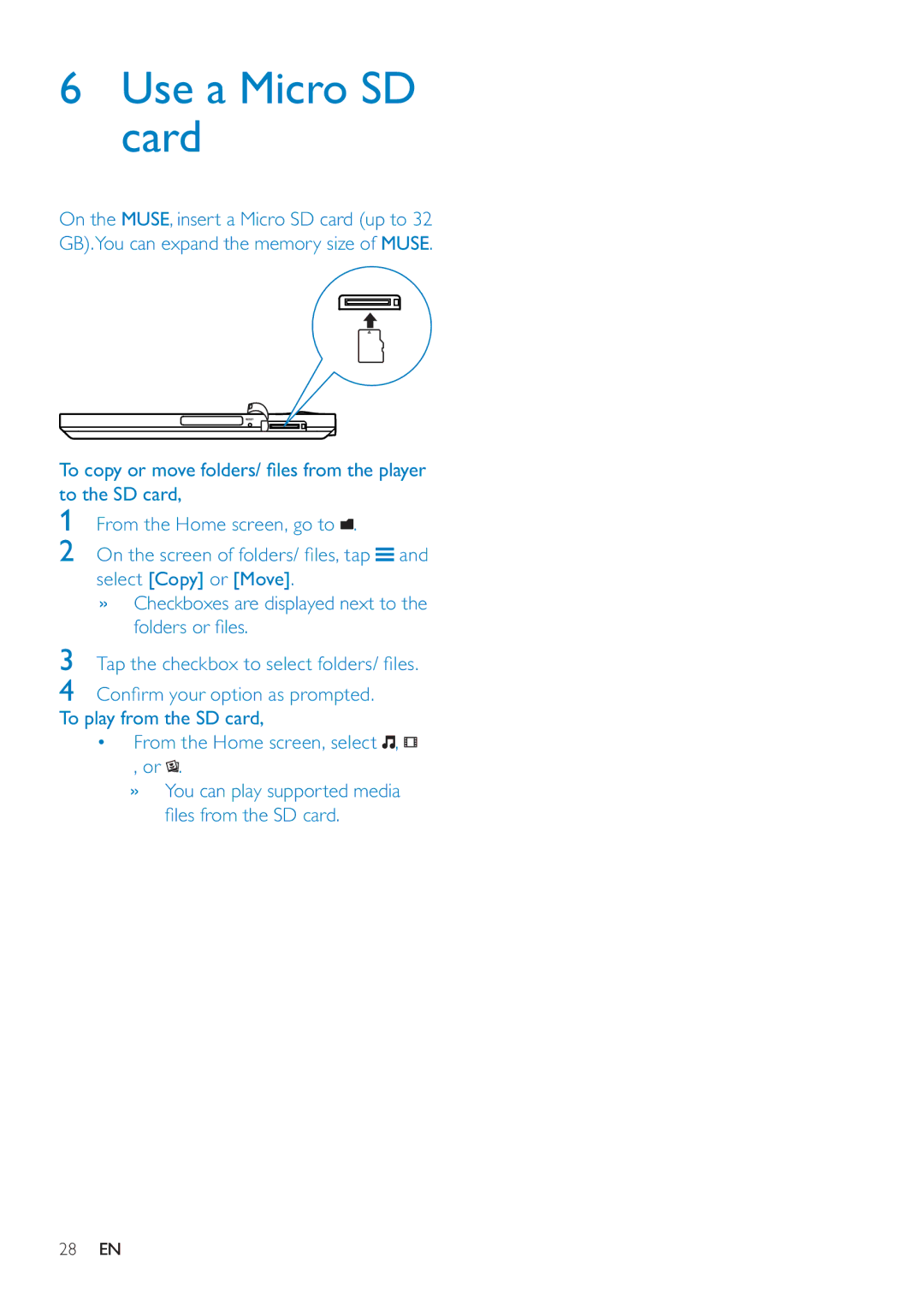 Philips SA3MUS32, SA3MUS16, SA3MUS08 user manual Use a Micro SD card 