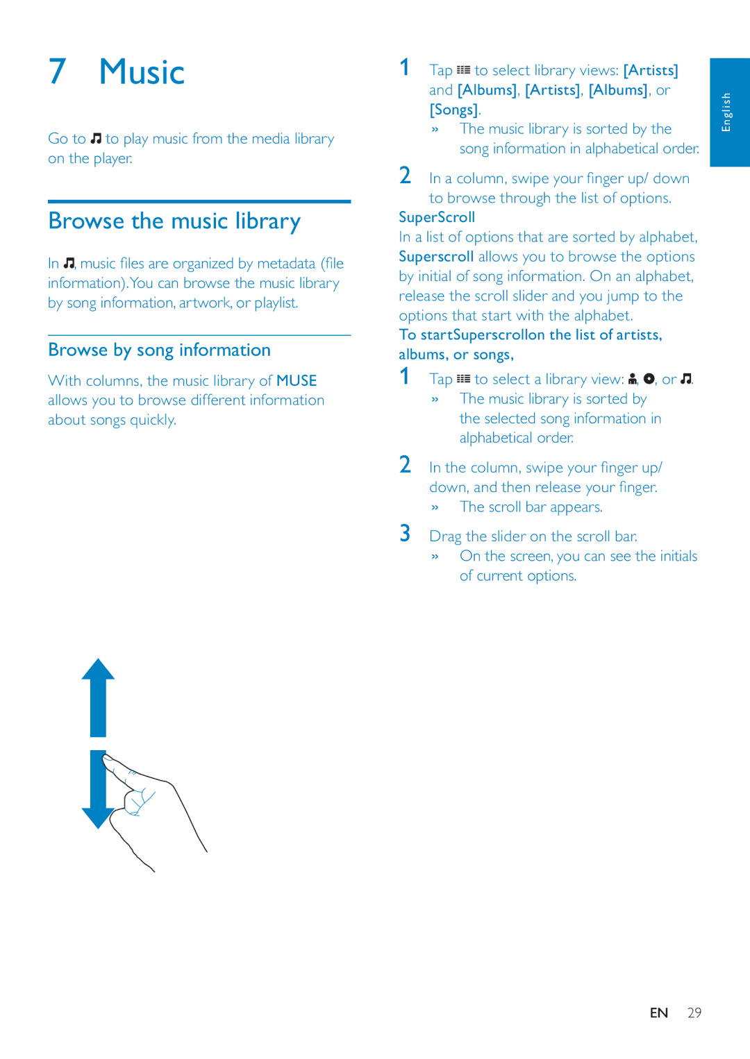 Philips SA3MUS08, SA3MUS16, SA3MUS32 user manual Music, Browse the music library, Browse by song information 