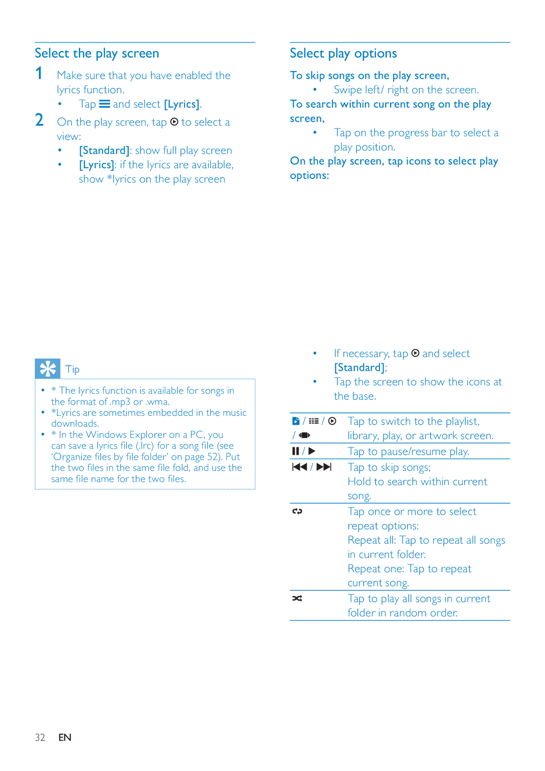 Philips SA3MUS08, SA3MUS16, SA3MUS32 user manual Select the play screen, Select play options 