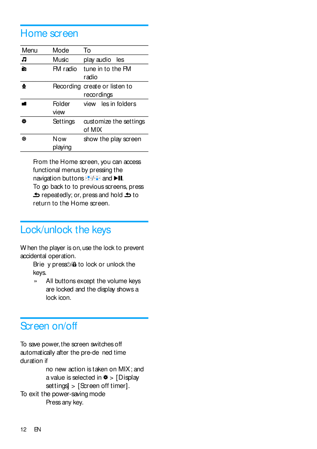 Philips SA3MXX08, SA3MXX04, SA3MXX02 user manual Home screen, Lock/unlock the keys, Screen on/off 