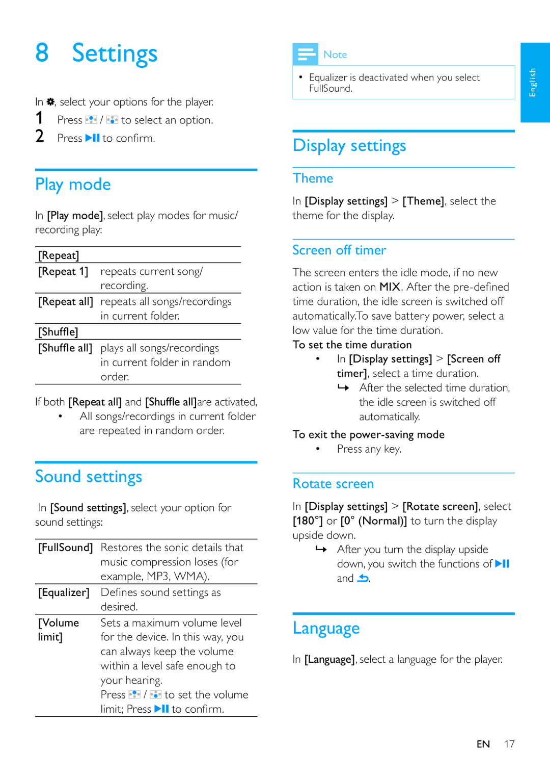 Philips SA3MXX02, SA3MXX08, SA3MXX04 user manual Settings, Play mode, Sound settings, Display settings, Language 