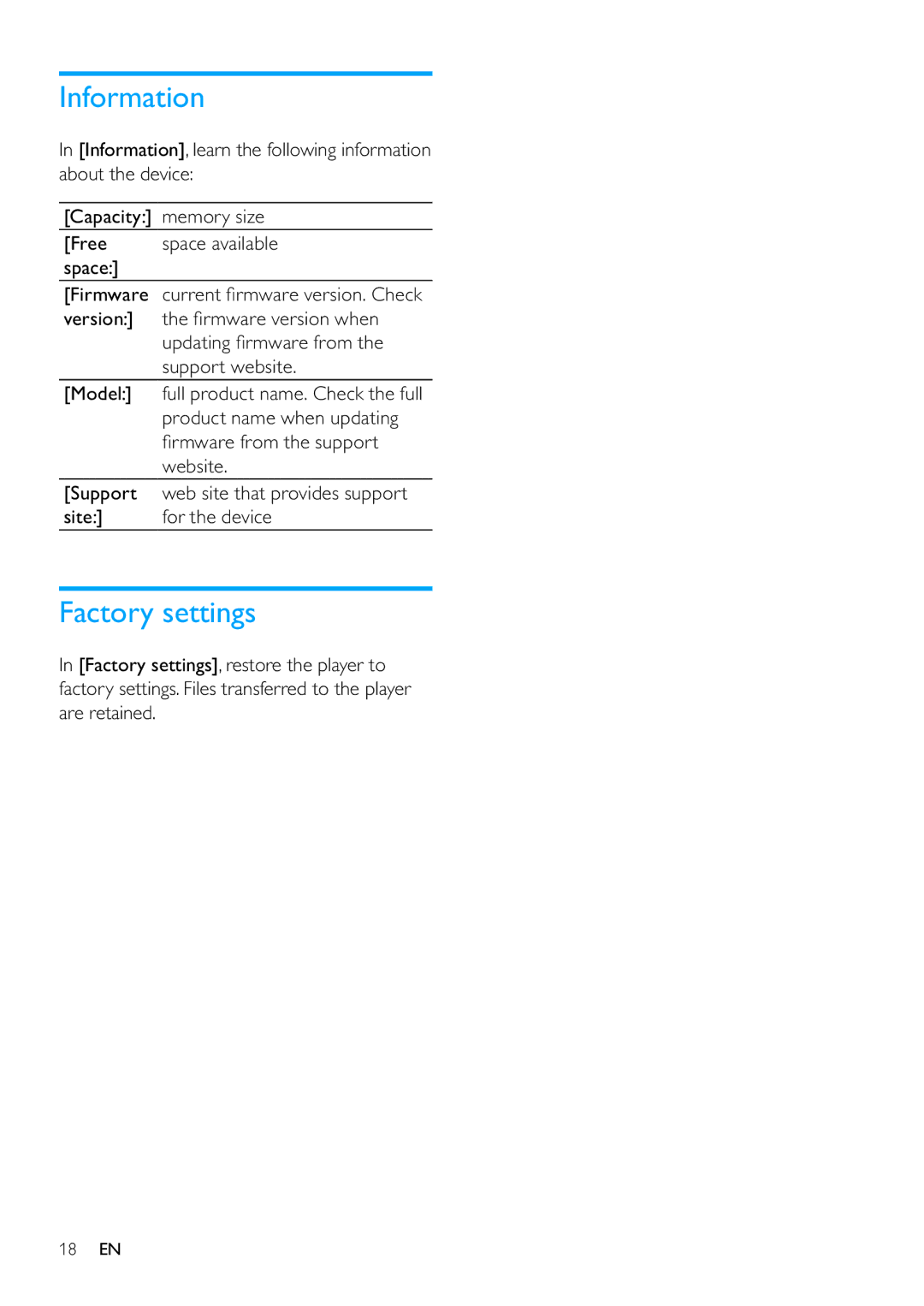 Philips SA3MXX08, SA3MXX04, SA3MXX02 user manual Information, Factory settings 