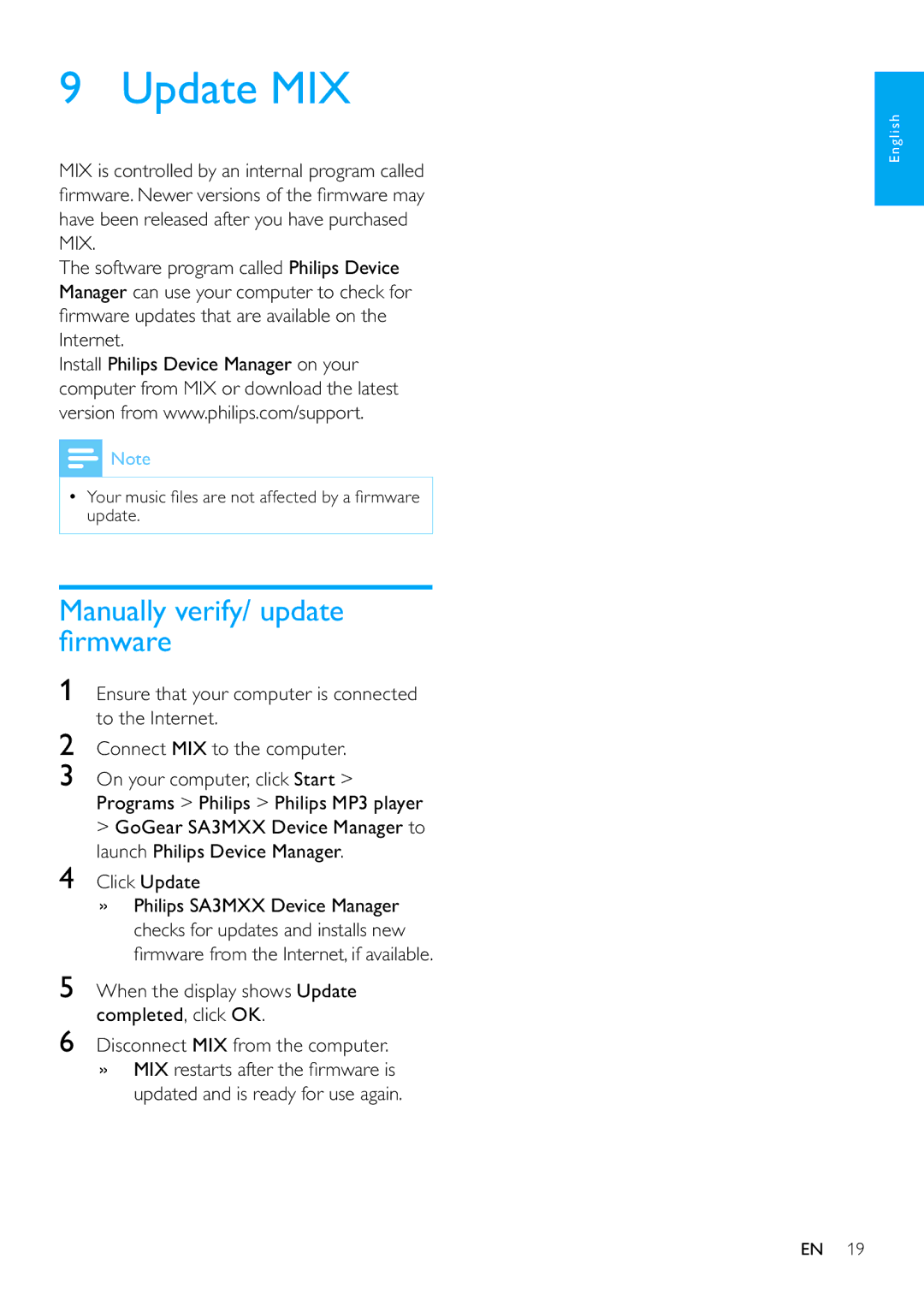 Philips SA3MXX04, SA3MXX08, SA3MXX02 user manual Update MIX, Manually verify/ update ﬁrmware 