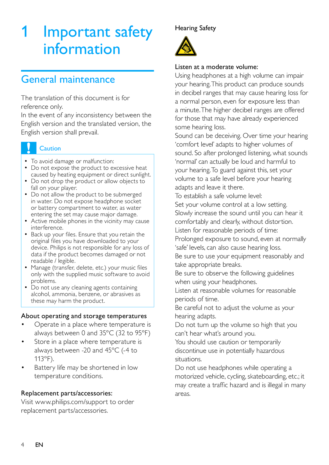 Philips SA3MXX04, SA3MXX08 General maintenance, About operating and storage temperatures, To establish a safe volume level 