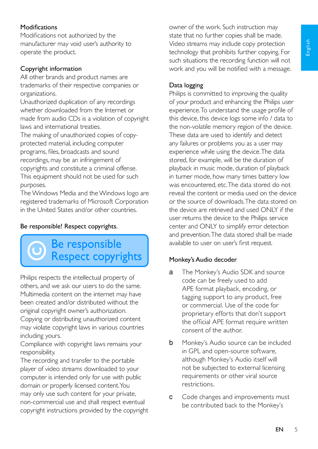 Philips SA3MXX02, SA3MXX08 Be responsible! Respect copyrights, Compliance with copyright laws remains your responsibility 