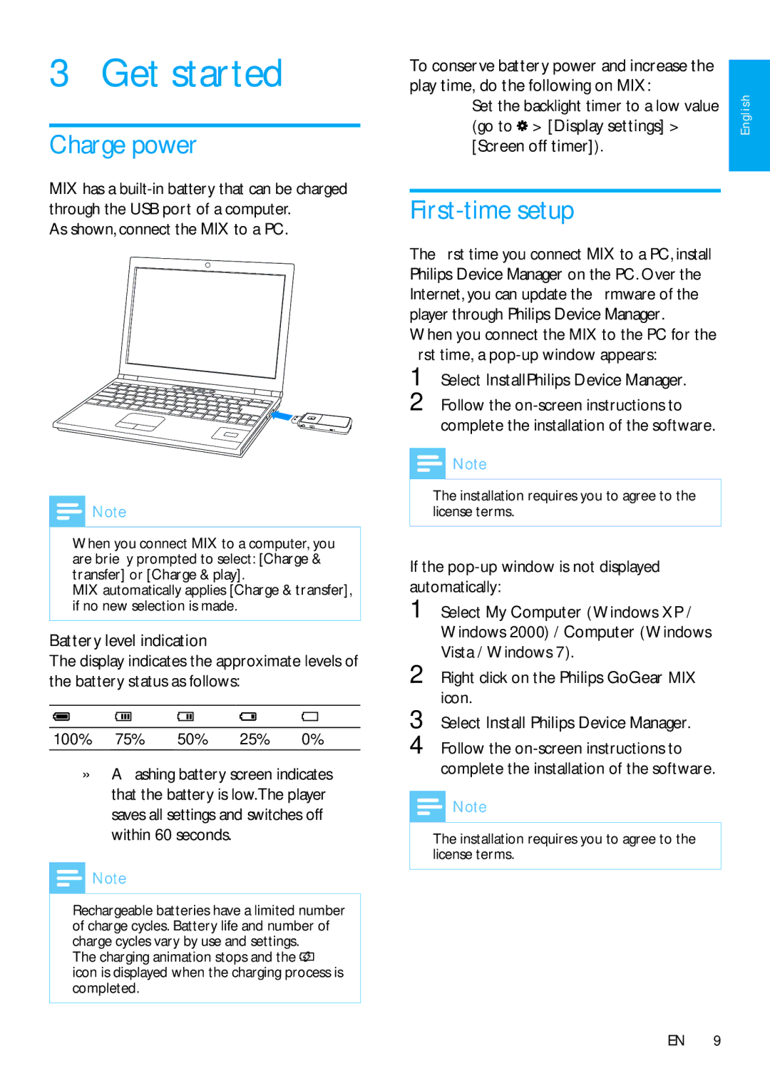 Philips SA3MXX08, SA3MXX04, SA3MXX02 Get started, Charge power, First-time setup, As shown, connect the MIX to a PC 