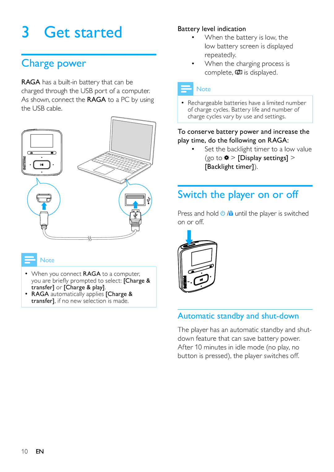 Philips SA3RGA04, SA3RGA08 Get started, Charge power, Switch the player on or off, Automatic standby and shut-down 