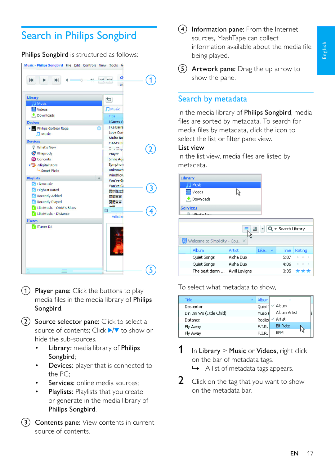 Philips SA3RGA02, SA3RGA08, SA3RGA04 user manual Search in Philips Songbird, Search by metadata 