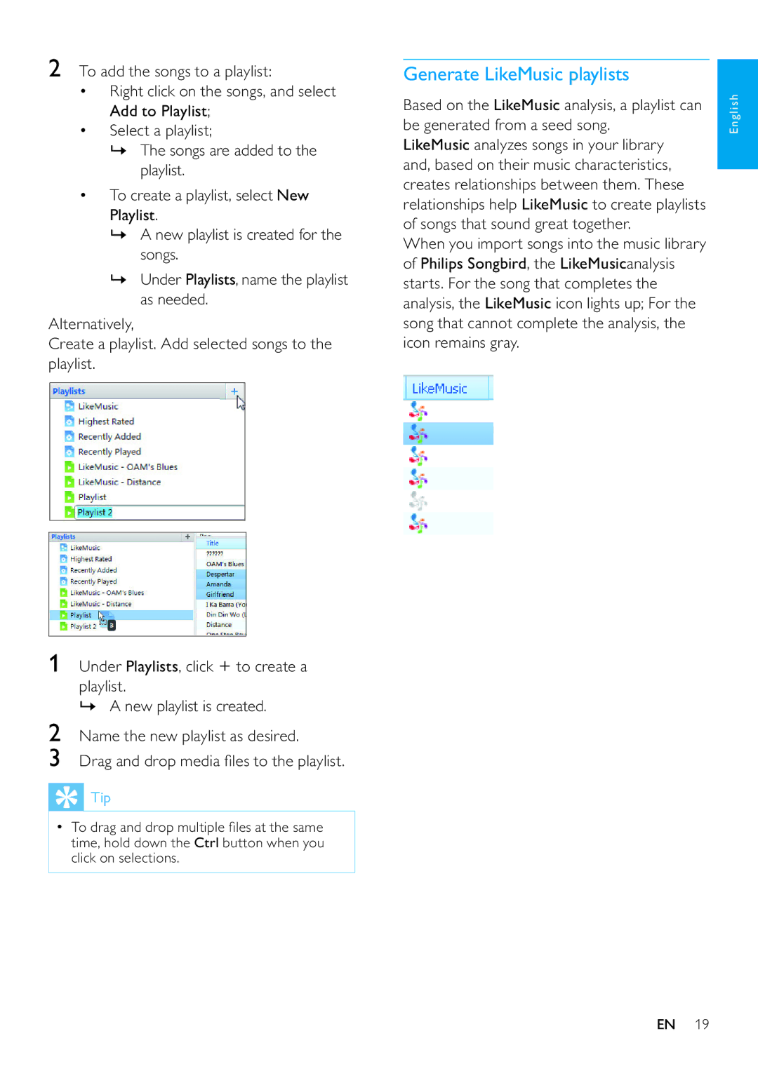 Philips SA3RGA04, SA3RGA08, SA3RGA02 user manual Generate LikeMusic playlists, Tip 